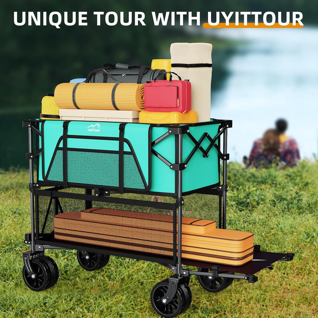 Foldable 50''L Extra Long Double Decker Wagon for Sport, 400L Collapsible Heavy Duty Wagon Cart with Big Wheels, Utility All-Terrain Large Extender Cart for Outdoors wourant