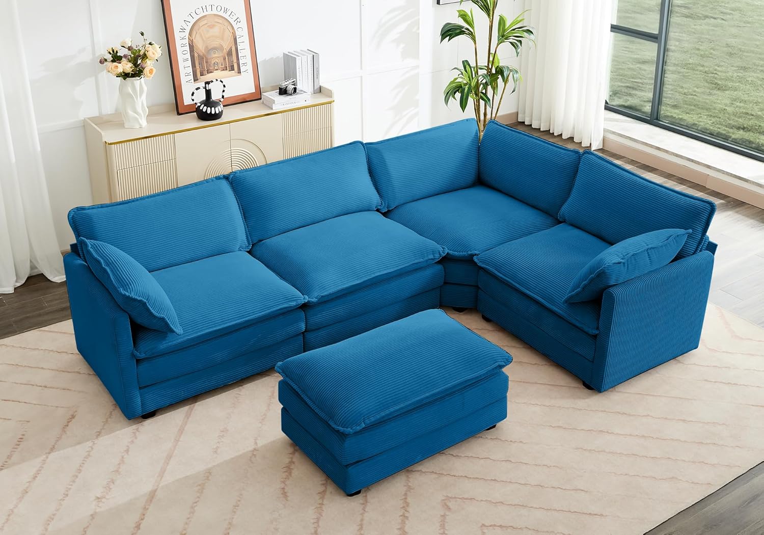 ROWHY Oversized Modular Sectional Sofa with Movable Ottoman, 112 Inch 4 Seat Modern Corduroy Sofa Set, Convertible L Shaped Couch for Living Room and Office, Beige wourant