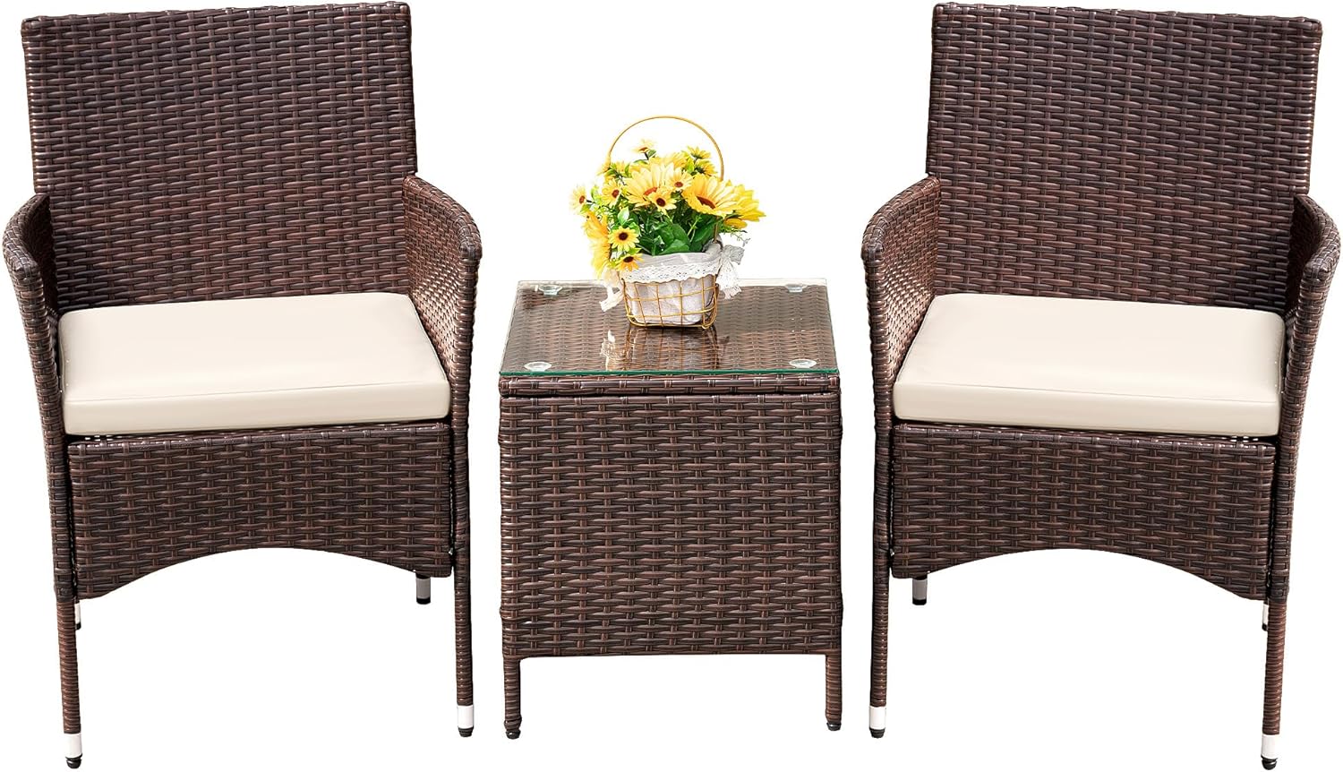 Devoko Patio Porch Furniture Sets 3 Pieces PE Rattan Wicker Chairs with Table Outdoor Garden Furniture Sets (Brown/Beige) wourant