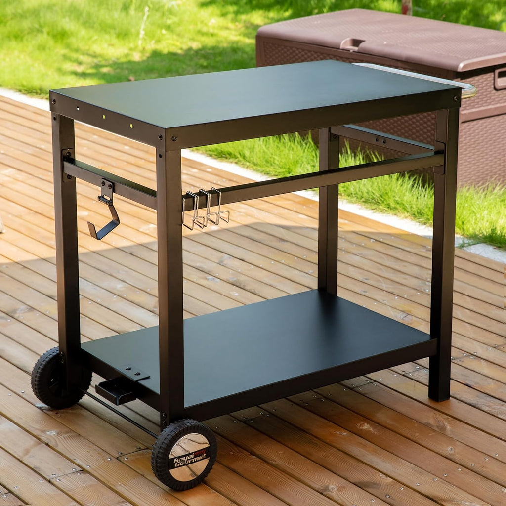 Royal Gourmet Dining Cart Table with Double-Shelf, Movable Stainless Steel Flattop Grill Cart, Hooks, Side Handle, Multifunctional PC3401B (Black) wourant