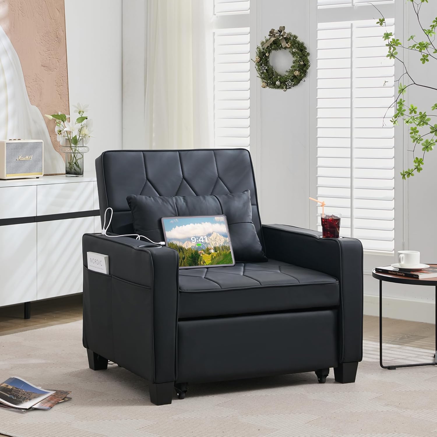 Adult Convertible Sleeper Chair Bed, 3-in-1 Pull-Out Sofa Bed with USB/Type-C Ports, Cup Holders, Side Pockets, Single Sofa wourant