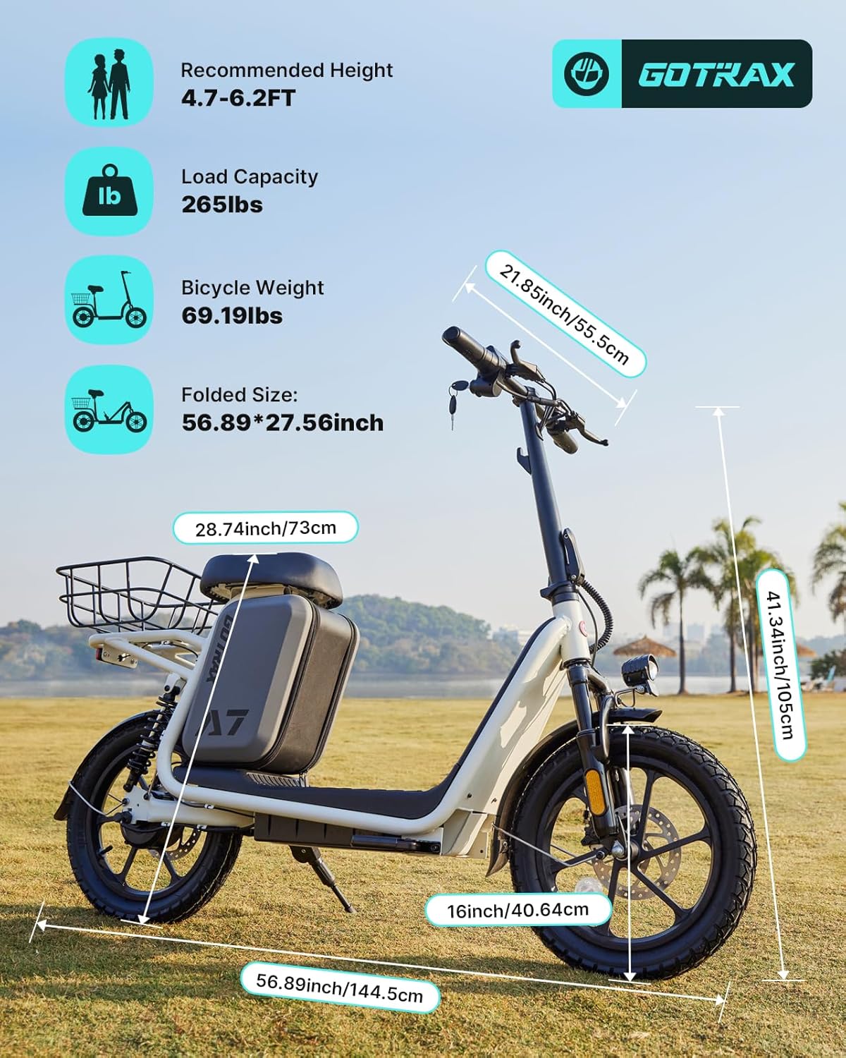 Gotrax adult electric scooter with seat, maximum range of 19-25 miles, all-terrain tires, wide pedals, padded seat, and carrycot wourant