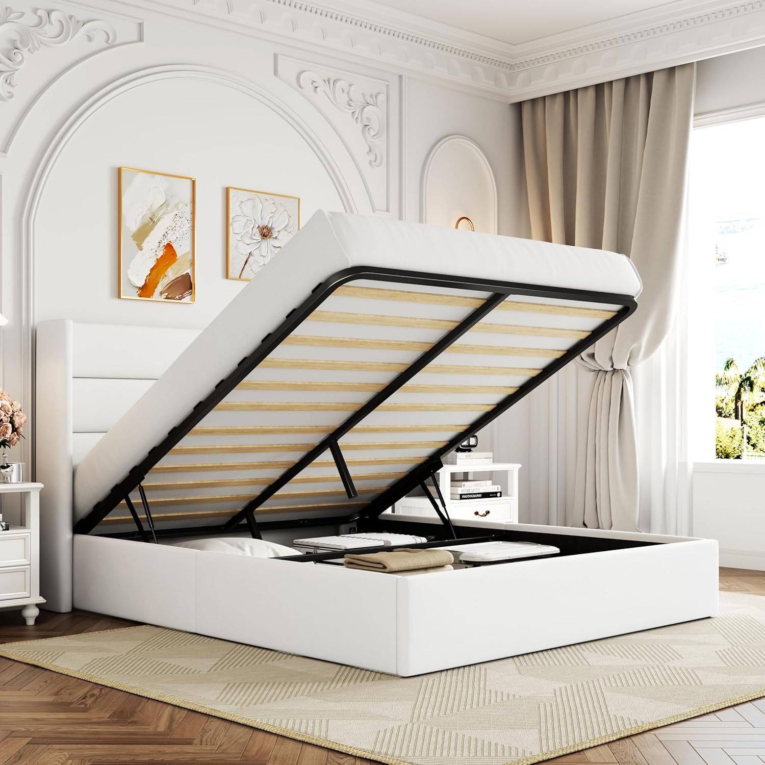 Allewie Queen Size Lift Up Storage Bed Modern Wingback Headboard Hydraulic Support wourant