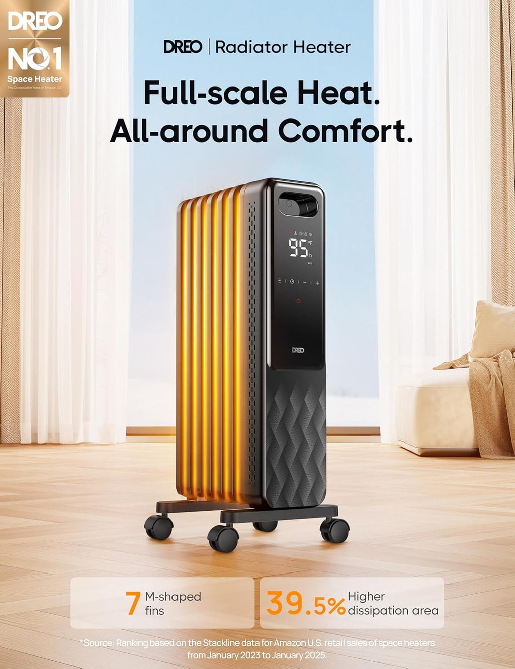 Indoor electric radiant heater with overheat and tip-over protection, digital thermostat, oil-filled radiator wourant