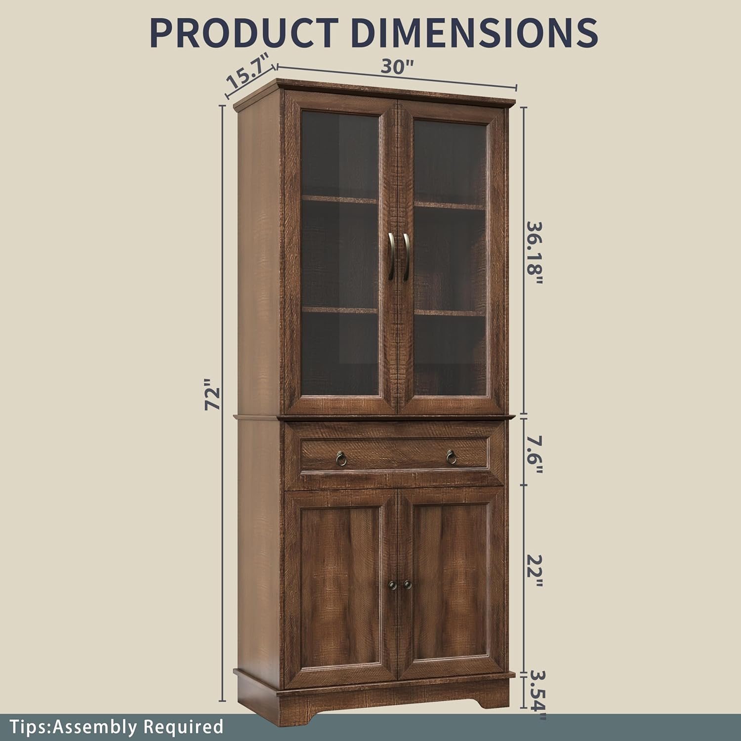 Kitchen Hutch Pantry Cabinet 71" Tall with Glass Doors wourant