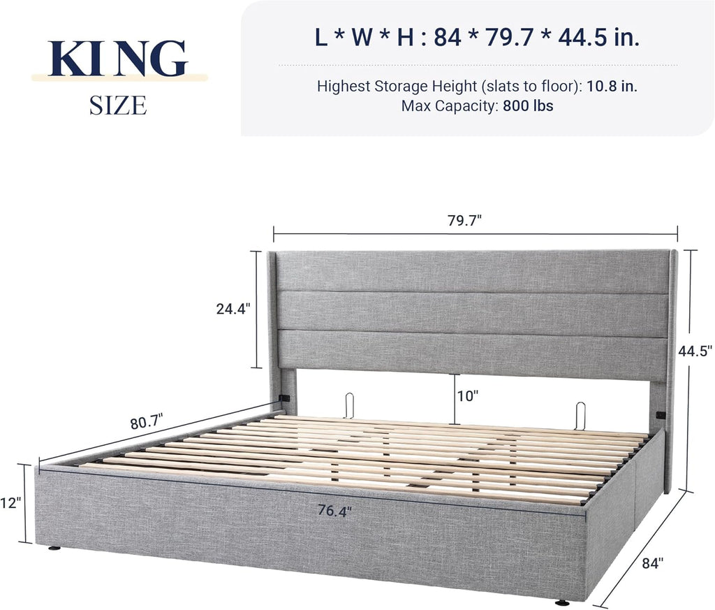 Allewie Queen Size Lift Up Storage Bed Modern Wingback Headboard Hydraulic Support wourant