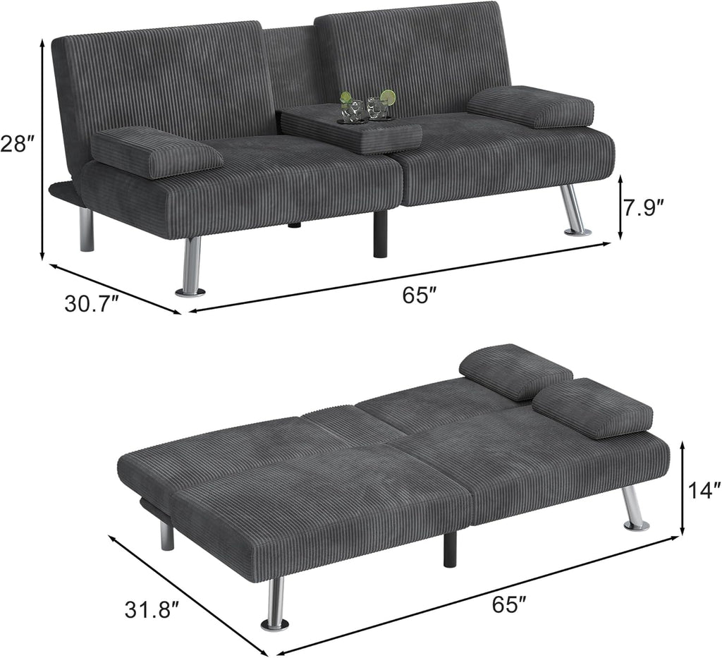 Shahoo Modern Linen Upholstered Convertible Folding Futon Sofa Bed with Removable Armrests wourant
