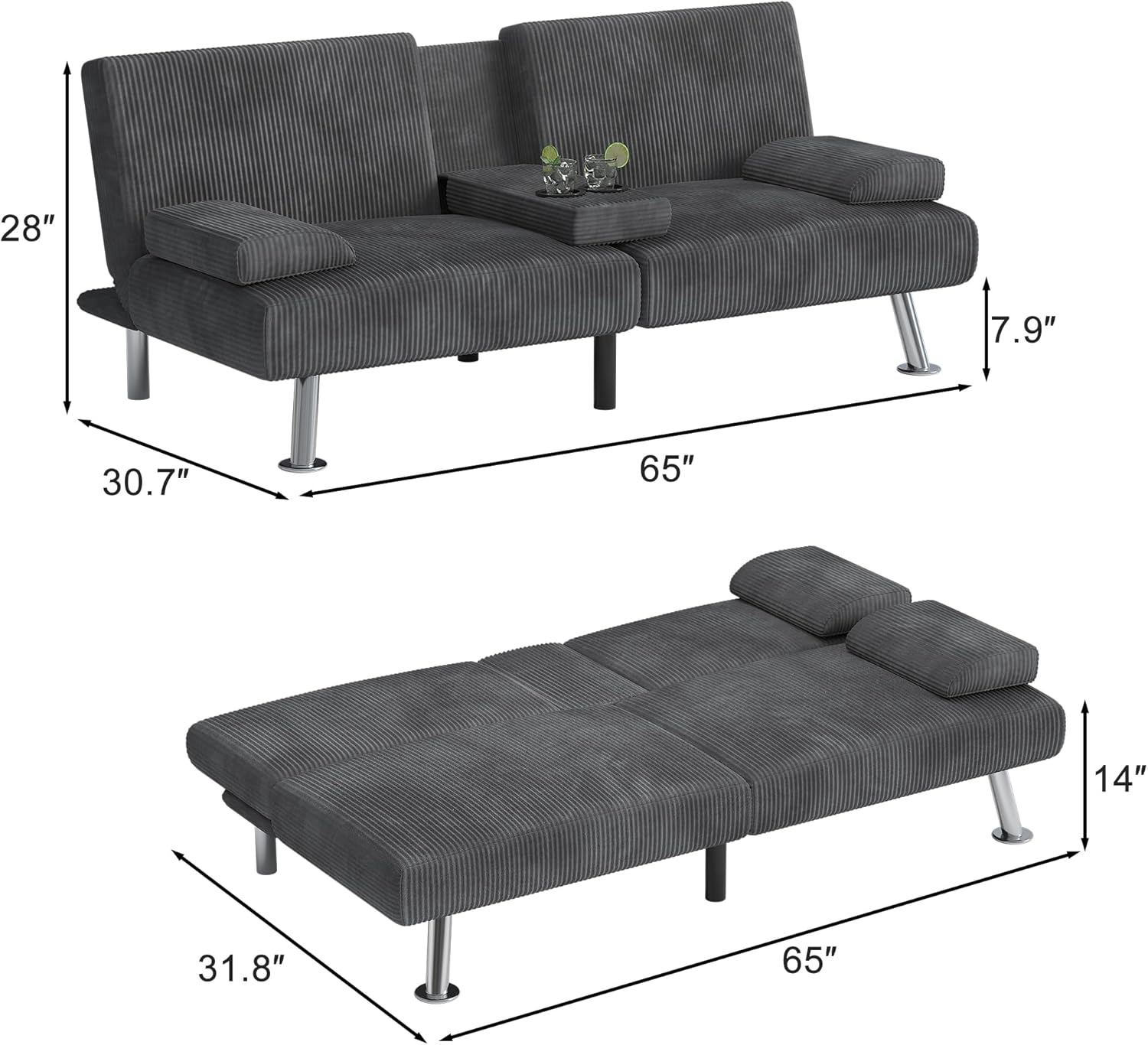 Shahoo Modern Linen Upholstered Convertible Folding Futon Sofa Bed with Removable Armrests wourant