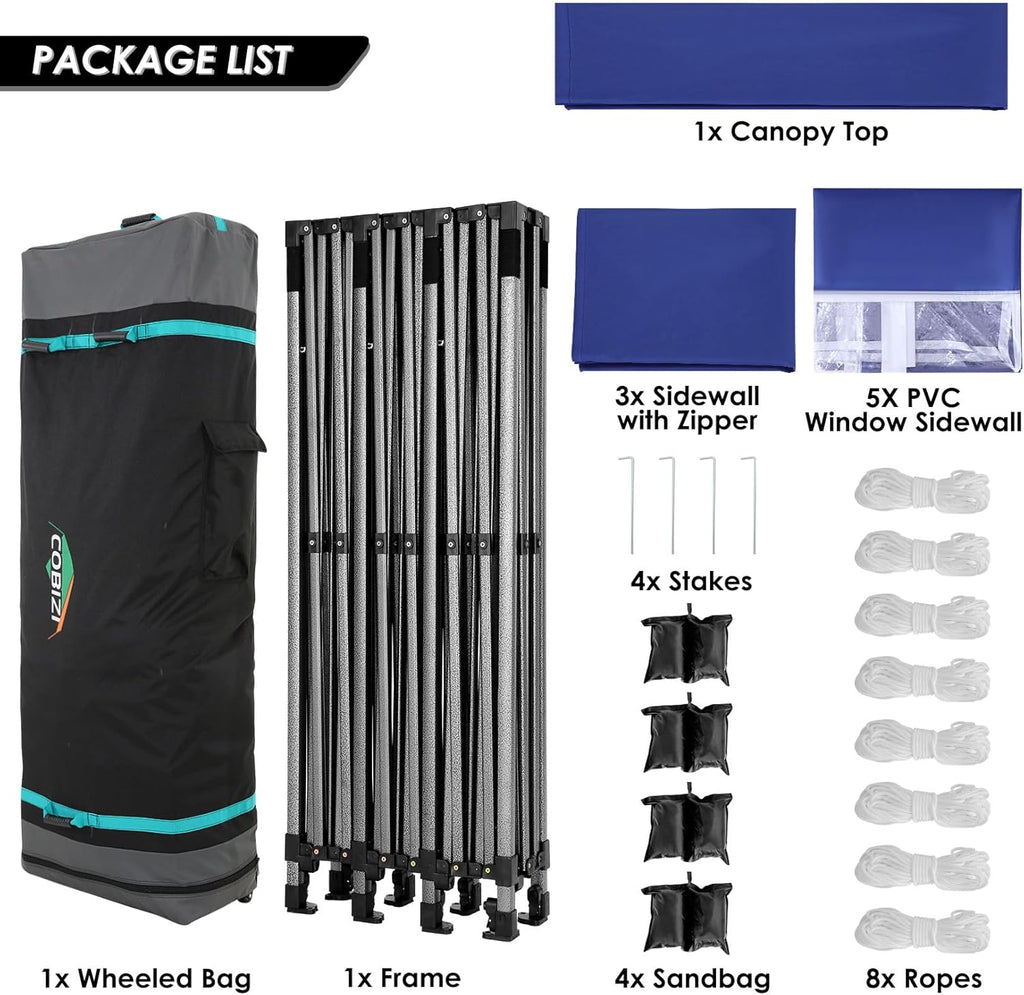 COBIZI 10x20 Heavy Duty Pop up Canopy Tent with 6 sidewalls Easy Up Commercial Outdoor Canopy Wedding Party Tents for Parties All Season Wind & Waterproof Gazebo with Roller Bag,Black(Frame Thickened) wourant