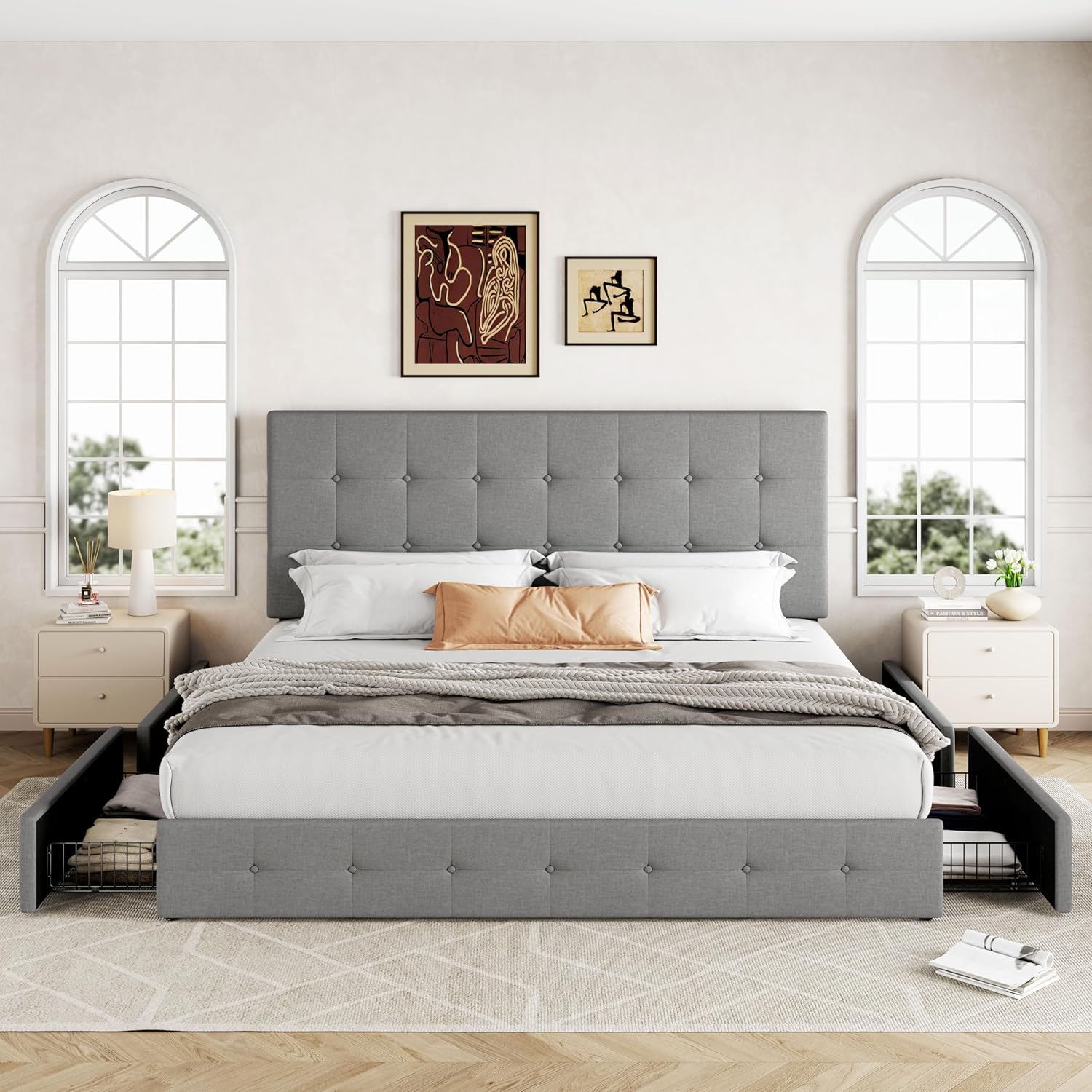 Allewie Upholstered Queen Size Platform Bed Frame with 4 Storage Drawers and Headboard wourant