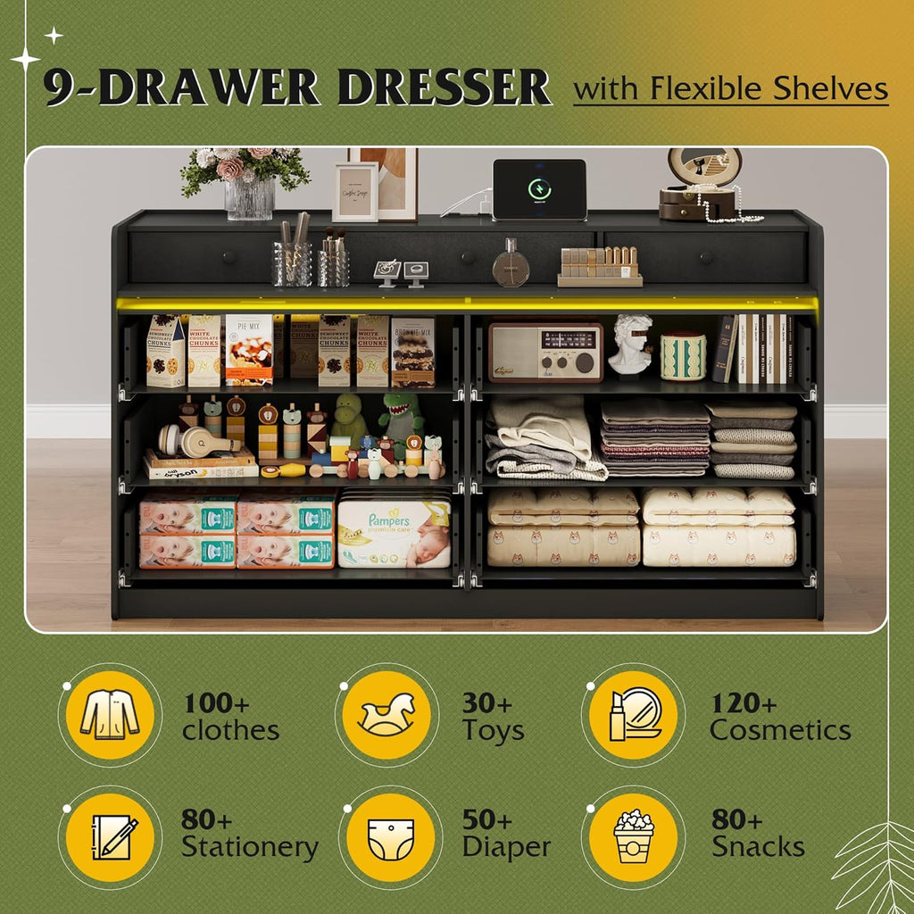 9 Drawer Led Dresser for Bedroom, 58.35'' Wide Wood Dresser Storage Organizer with Power Outlets for 65'' TV, Dressers with Open Shelves wourant