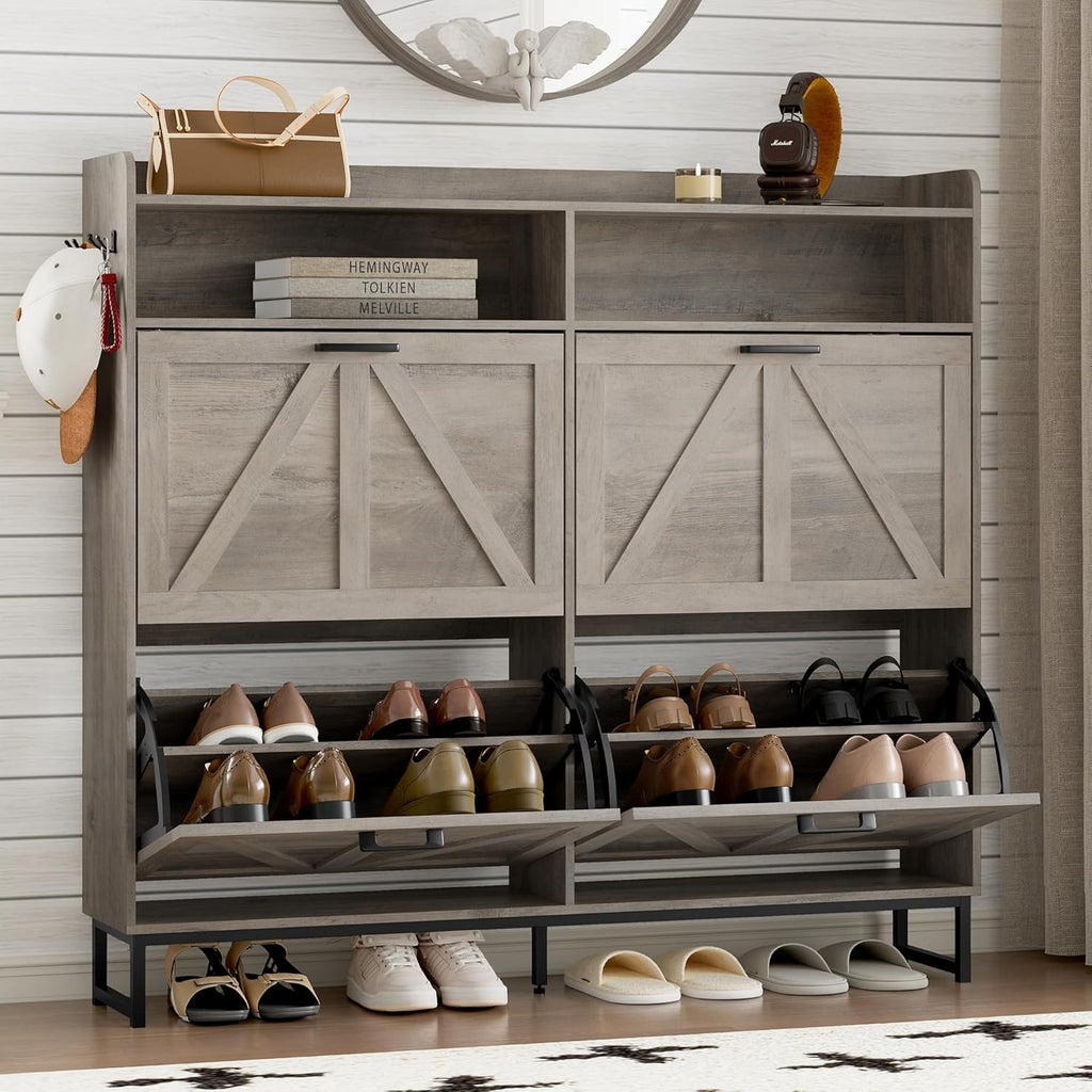 Shoe Cabinet with 2 Flip Drawers Narrow Shoe Storage Cabinet Organizer Wooden Freestanding Rack wourant