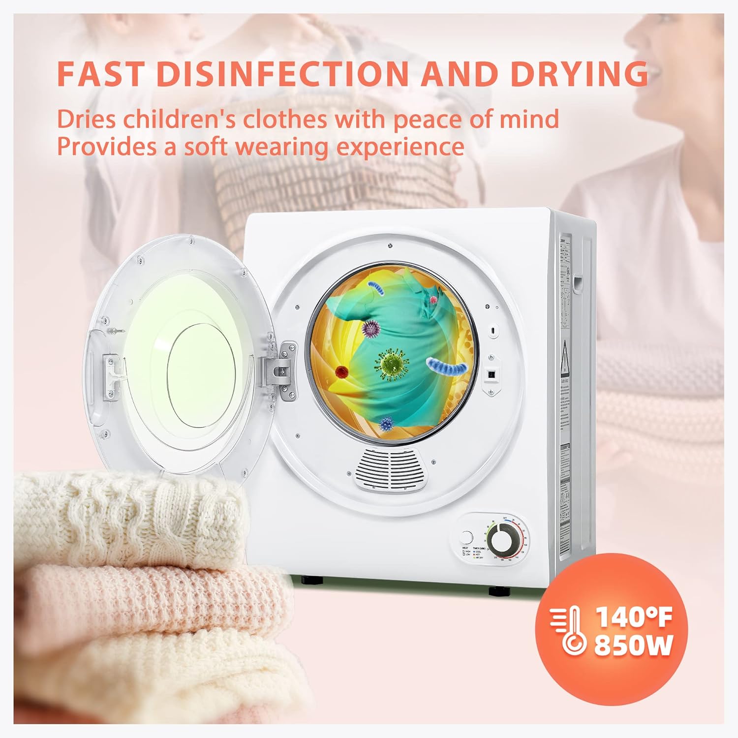 Compact Laundry Dryer, 3.5 cu ft Front Load Stainless Steel Clothes Dryers With Exhaust Pipe, 1500W, LCD Control Panel Four-Function Portable Dryer For Apartments, Home, Dorm, White wourant