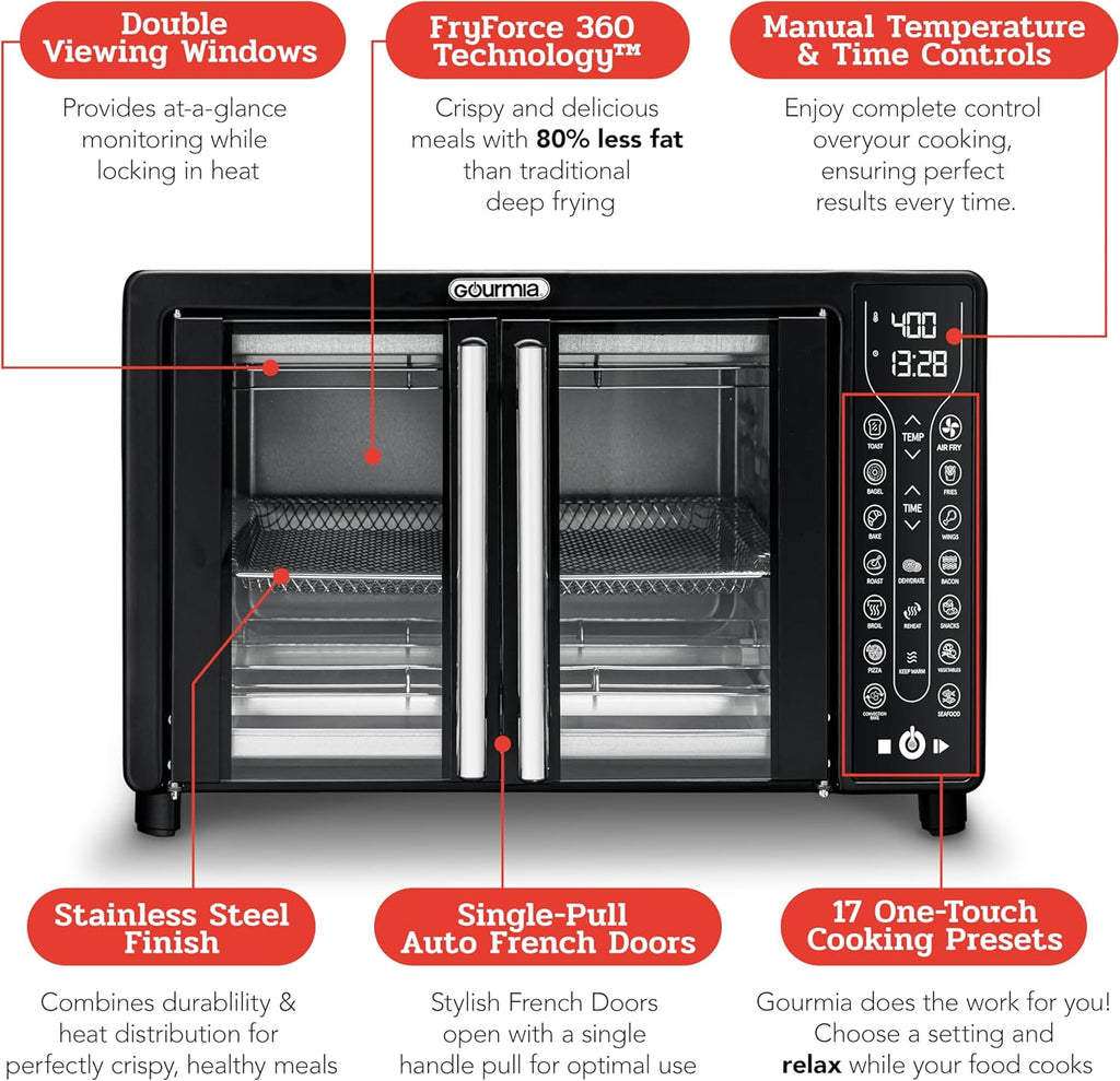 Gourmia Oven Air Fryer Combo with 17 Cooking Presets, 24L Capacity, Convection Rack, Baking Tray, Recipe Book GTF7460 wourant