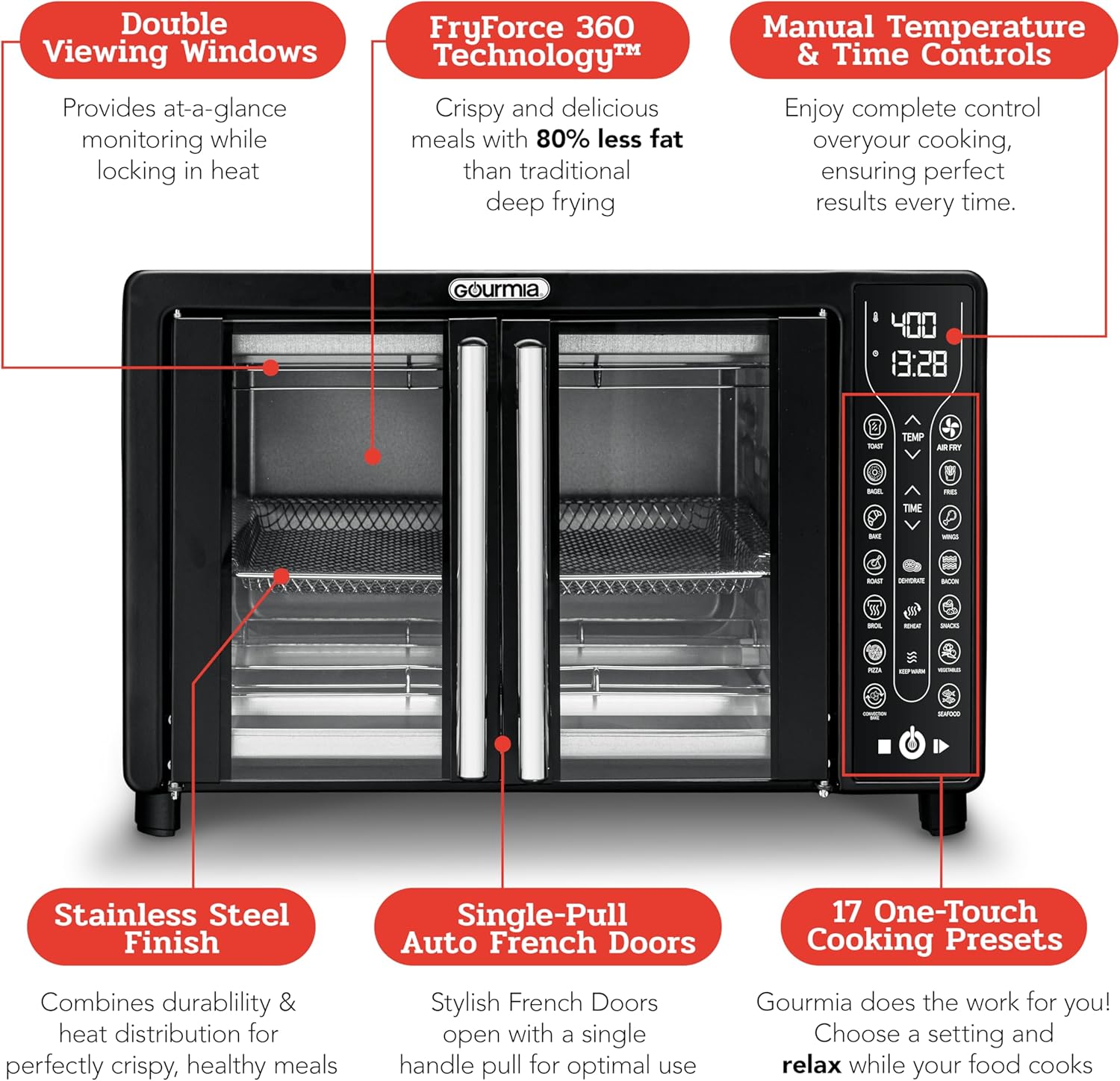 Gourmia Oven Air Fryer Combo with 17 Cooking Presets, 24L Capacity, Convection Rack, Baking Tray, Recipe Book GTF7460 wourant