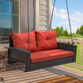 YITAHOME Hanging Porch Swing Chair Sits 3 People, Wicker Outdoor Swing Bench, Patio Lounge Chair, 1 Seating Cushion and 3 Back Cushions, w/Removable Covers, for Garden, Balcony, Backyard, Brown wourant