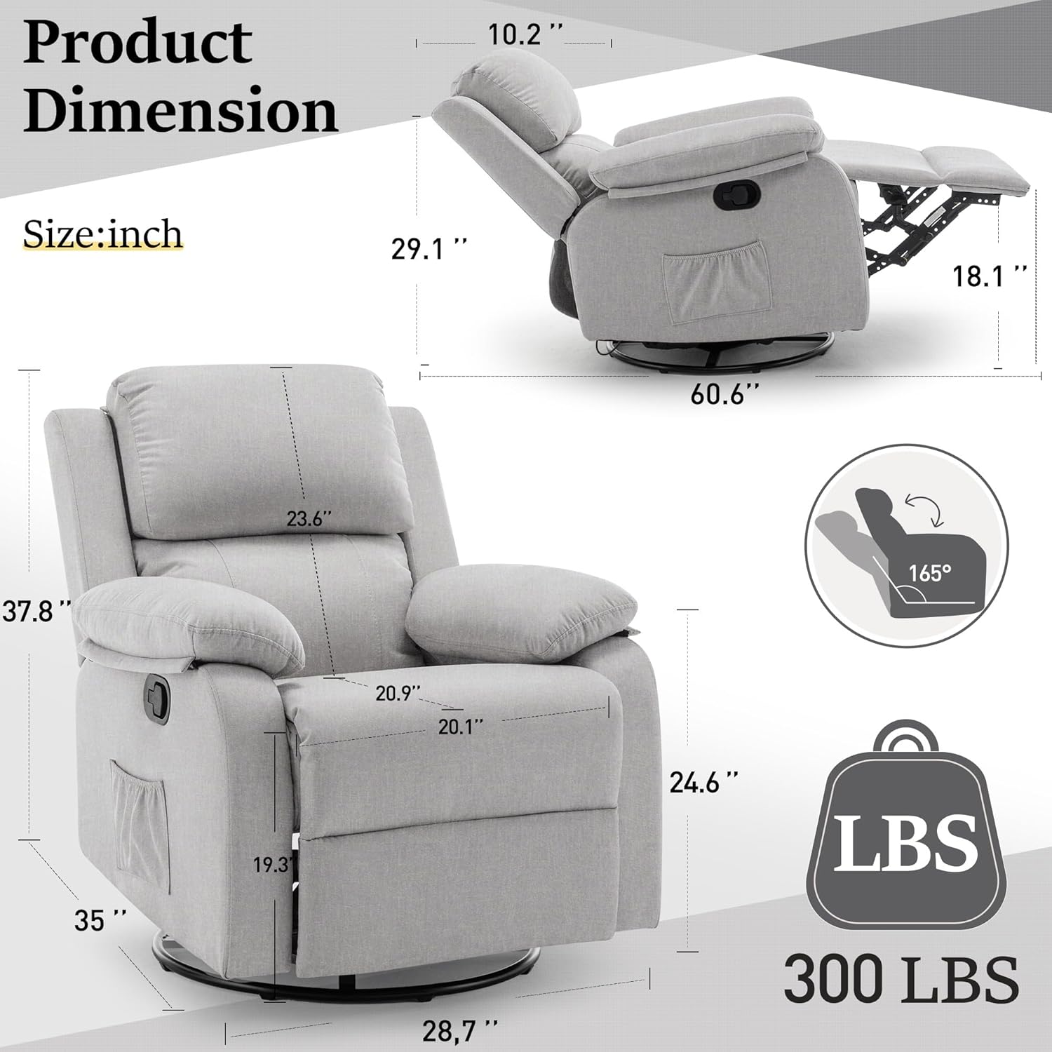 Reclining rocking chair 360 degree rotating fabric sliding reclining chair wourant