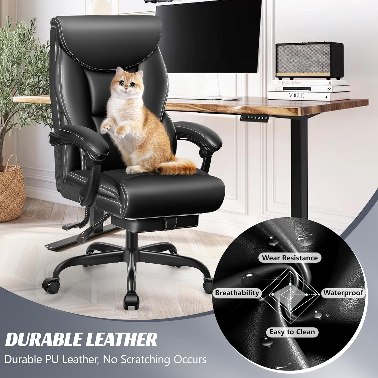 Office Chair Large High-Foot Computer Desk Chair, Breathable Leather Chair Lumbar Support Rotating Computer Chair wourant