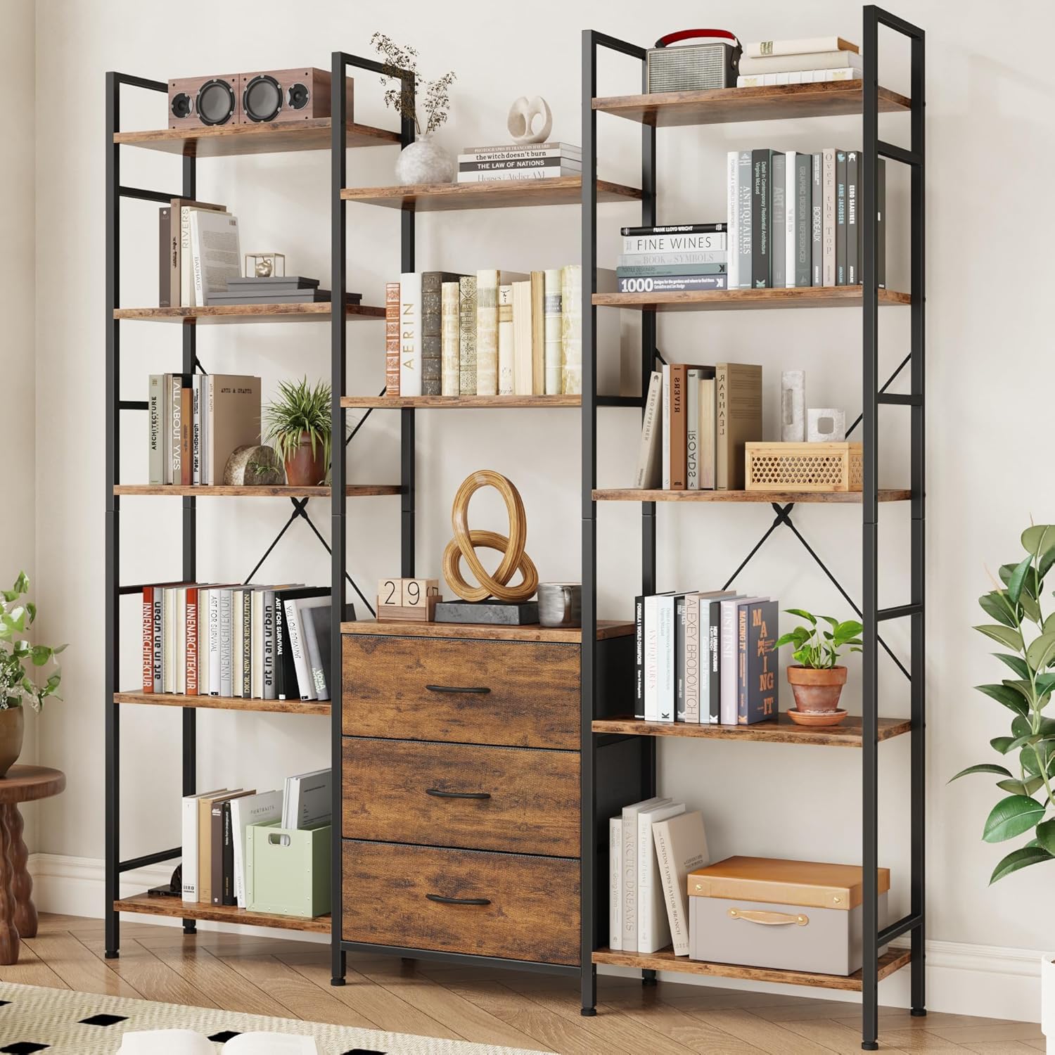AFLUI Triple Bookshelf 3 Fabric Drawers 4-Tier Book Shelf 10 Display Shelves Industrial Bookcase wourant