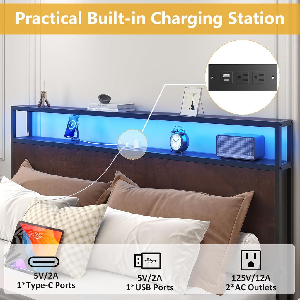 Lifezone Queen Bed Frame with 2-Tier Storage Headboard, Metal Platform Bed Frame with 4 Storage Drawers, Built in Charging Station & LED, Noise-Free/Metal Support/No Box Spring Needed wourant