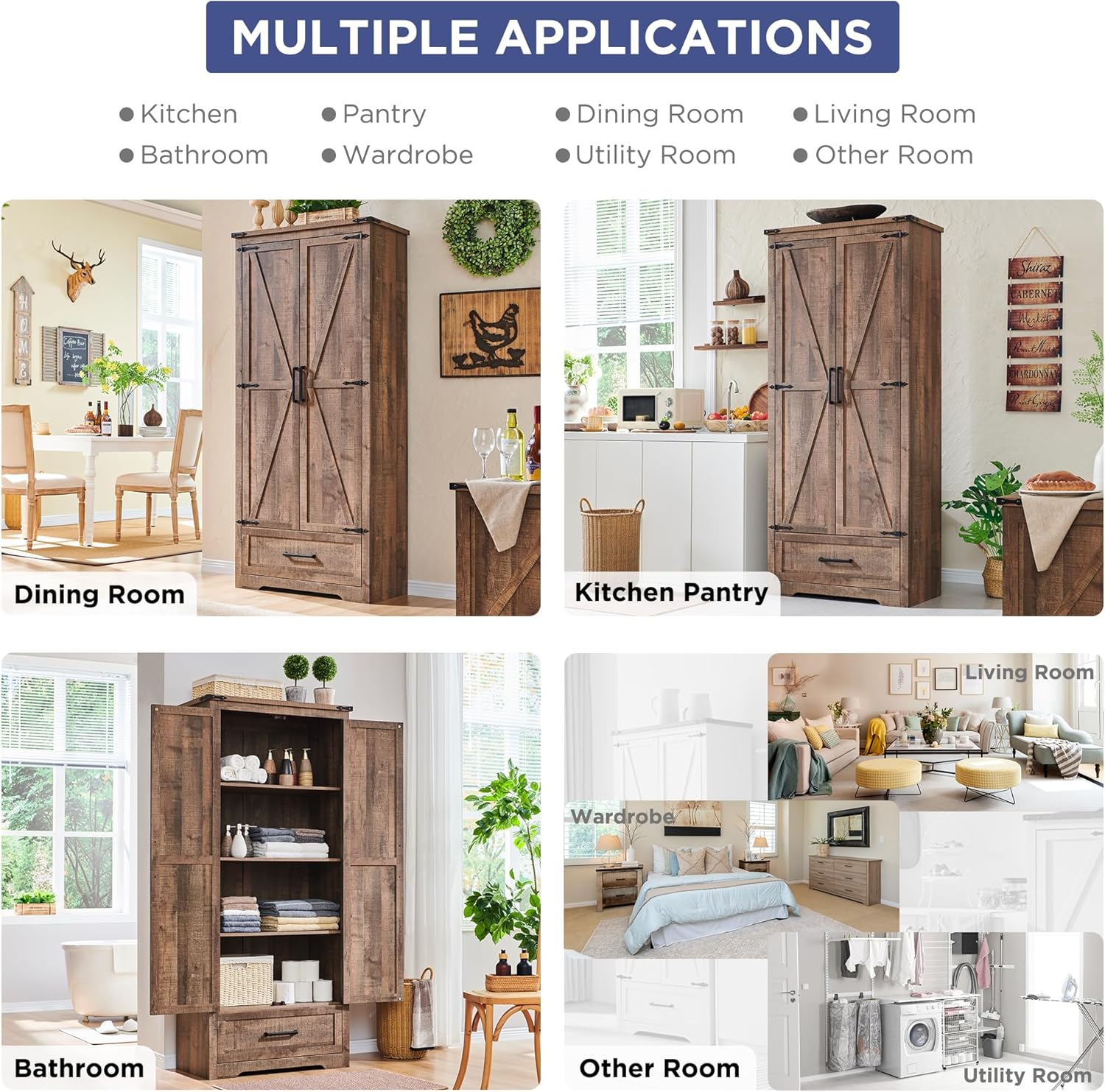JXQTLINGMU Farmhouse Kitchen Pantry - 72" Tall Wood Kitchen Storage Cabinet with Adjustable Shelves and 2 Barn-Style Doors and Drawers wourant
