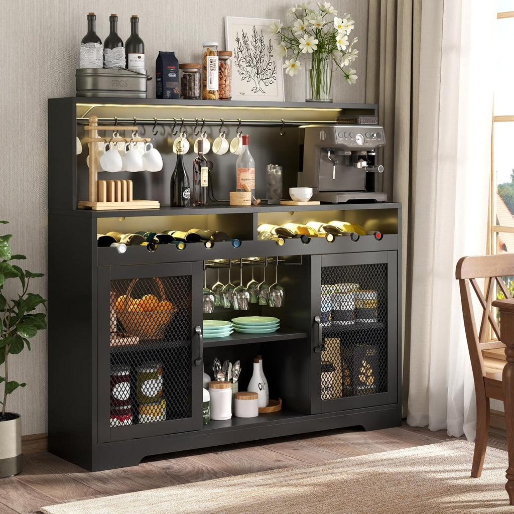 Wine Bar Cabinet with LED Light, Liquor Cabinet with Glass Holder, Coffee Bar for Liquor, Storage Buffet with Wine Racks, Wine Cabinet wourant