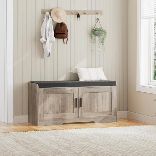 2-Tier Storage Bench, Shoe Bench with Thickened Padded Seat Cushion, Entryway Bench with 4 Doors, Adjustable Shelf, 13.8" D x 45.3" W x 18.5" H, for Entryway, Living Room, Bedroom, White wourant