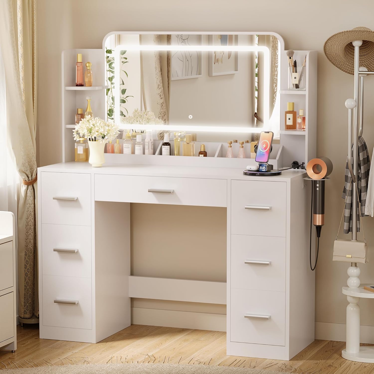Furmax Vanity Desk with Mirror, LED Lights and Power Outlet Makeup Vanity Table wourant