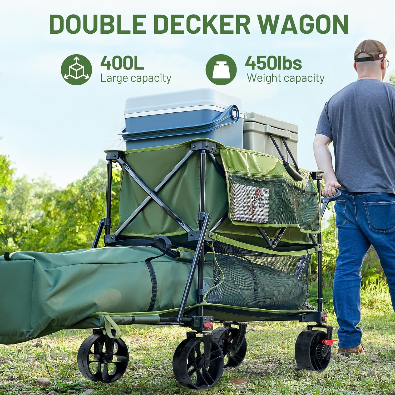 400L Large Capacity Folding Double Decker Cart with Brakes, 54 Inch Extra Long Extended Cart, 450 Pounds Heavy Duty Folding Cart wourant