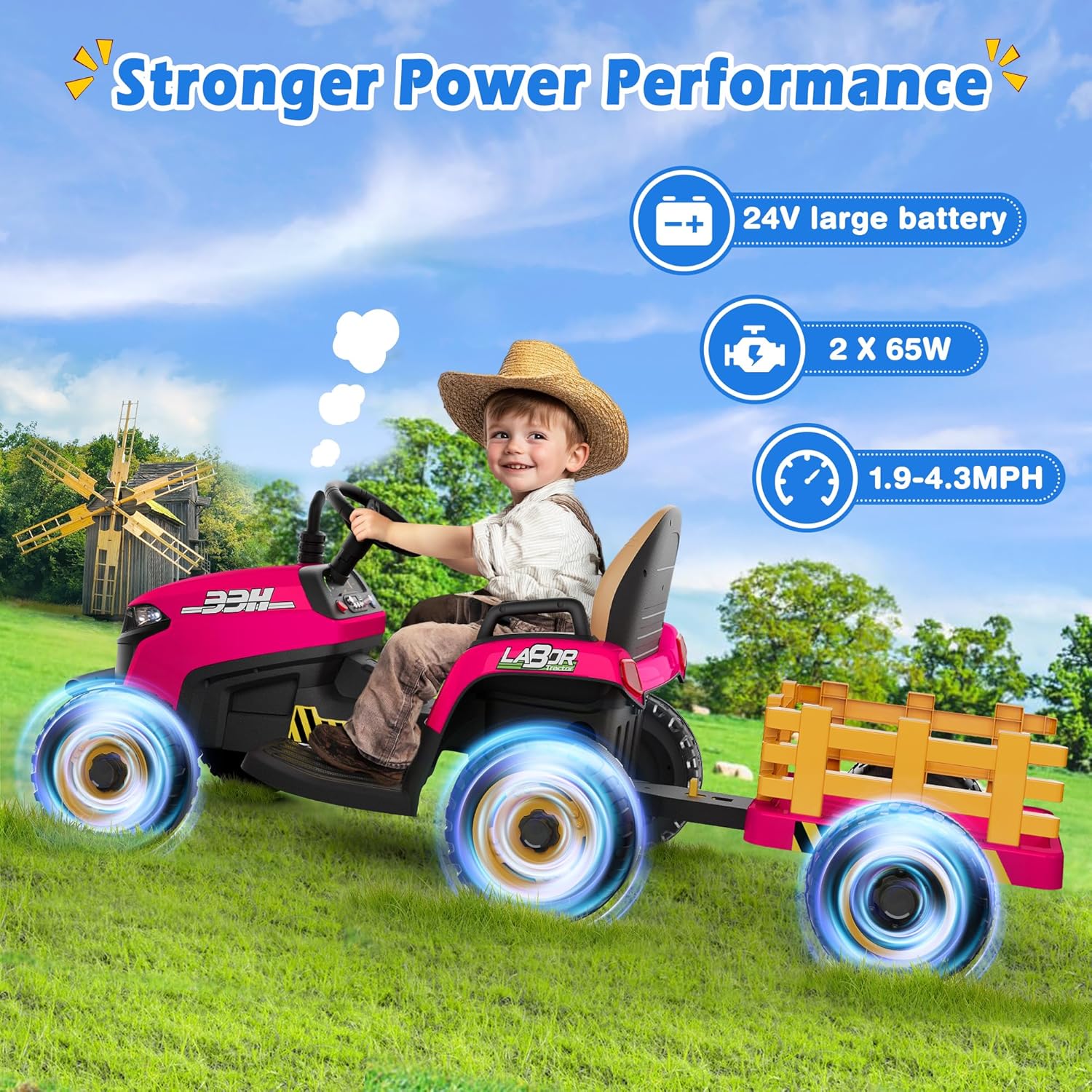 24V Ride On Tractor w/Tiltable & Detachable Trailer, 2x65W Motors, EVA Tires, Remote Control, Bluetooth, Shifter, Music, Electric Car for Kids, Green wourant