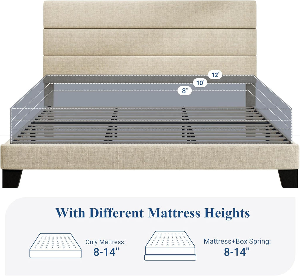 Allewie Queen Size Platform Bed Frame Fabric Upholstered Headboard Wooden Slats Support wourant