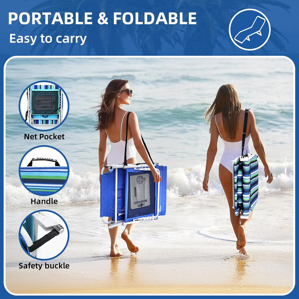 3-in-1 Beach Chair Face Holes Lounge Chair Outdoor with Folding Side Table 5-Position Recliner, Lay Flat Removable Pillow Heavy Duty, Max 330lbs, Poolside, Patio, Camping Backyard Striped Blue wourant