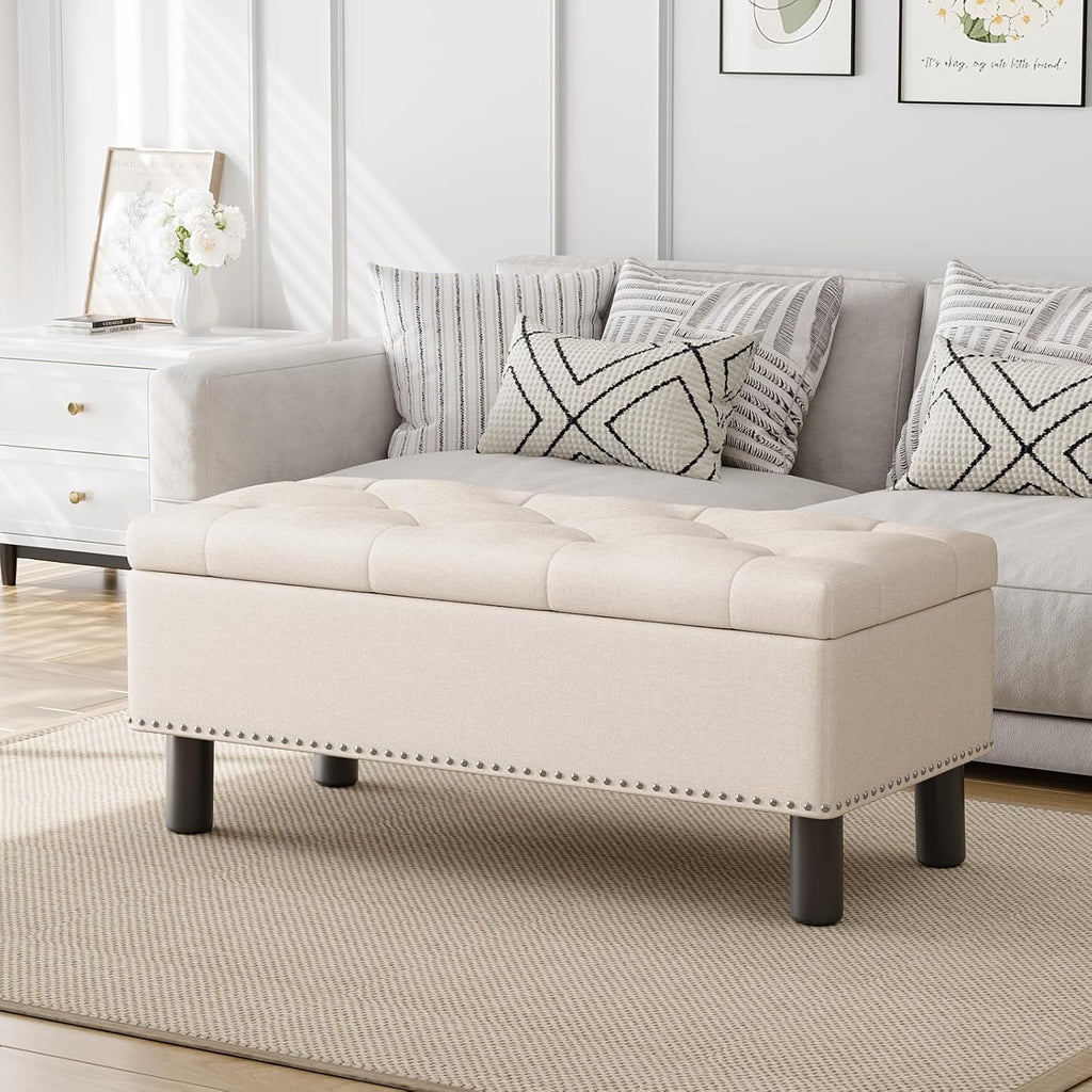 Furniliving Modern Storage Ottoman Bench, Sherpa Ottoman End of Bed Bench with Solid Wood Legs Upholstered Ottoman Benches with Storage Indoor Bench wourant