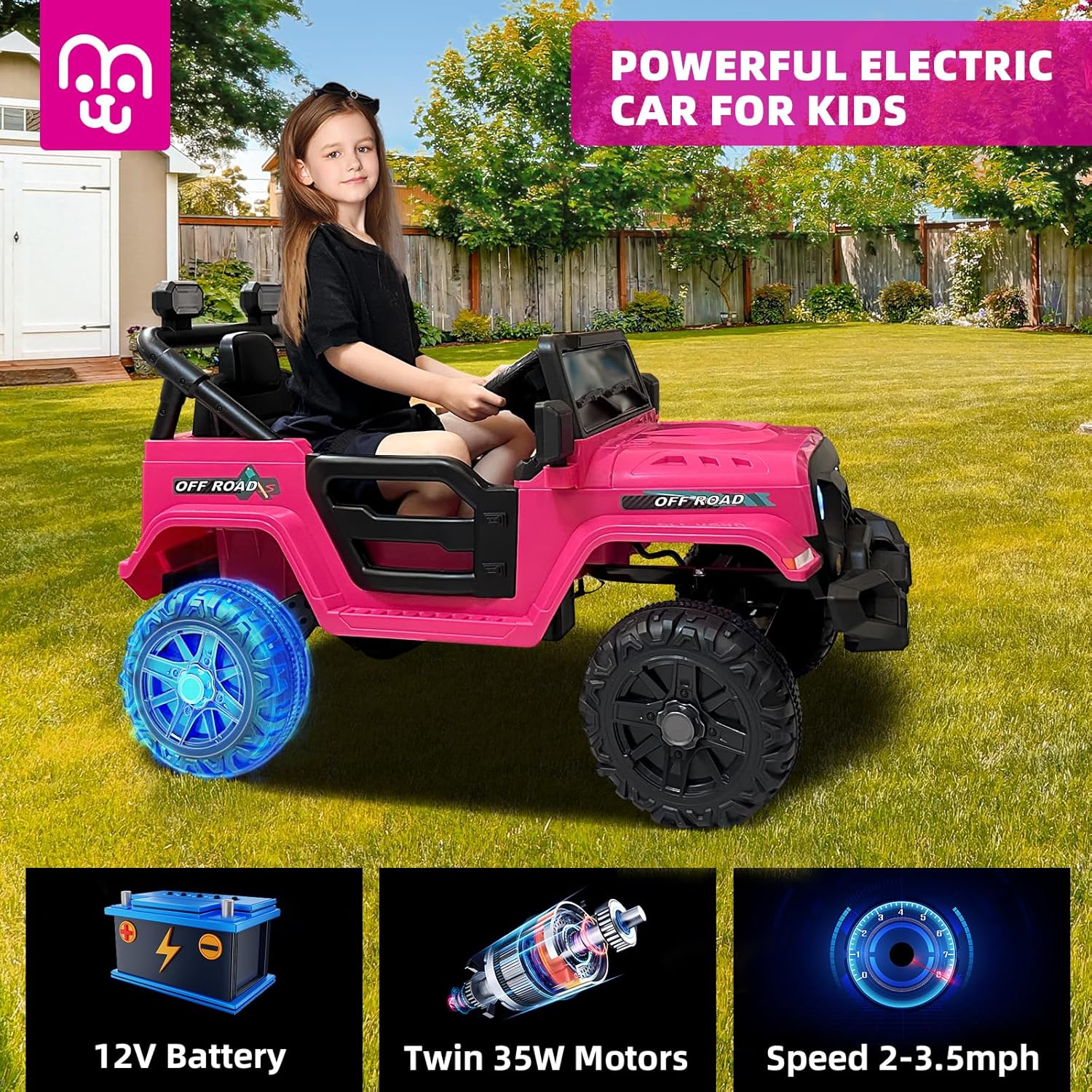 12V Kids Electric Ride on Truck Car Remote Control, Twin 35W Motors 3.5MPH Max Speed, Bluetooth USB Music Player, 4 Wheels Suspension LED Lights Safety Belt, Gift for Boy & Girl-Rosy wourant