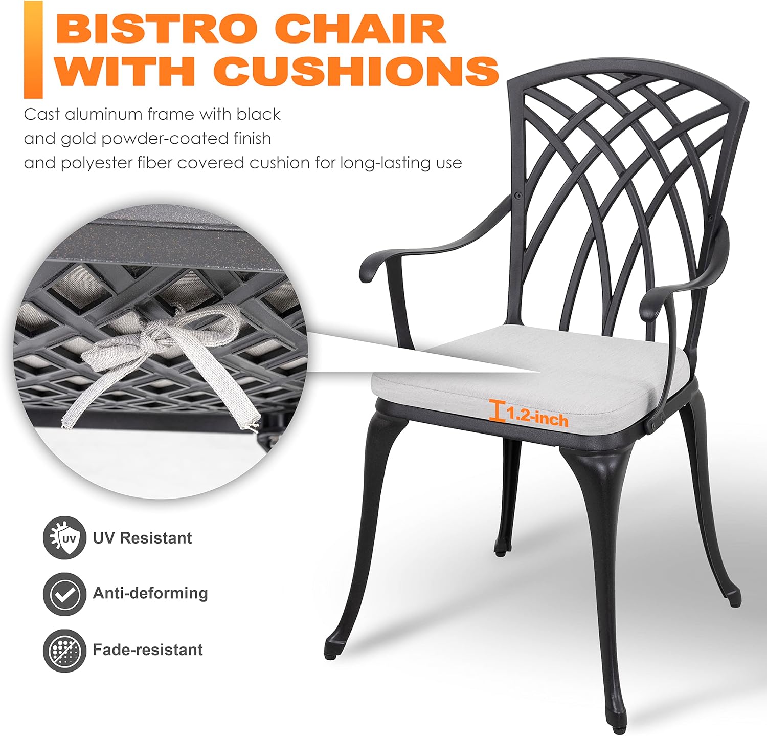NUU GARDEN Bistro Set 3 Piece Outdoor Cast Aluminum Patio Bistro Set Patio Table and Chairs Set of 2 with Umbrella Hole and Gray Cushions, Black wourant