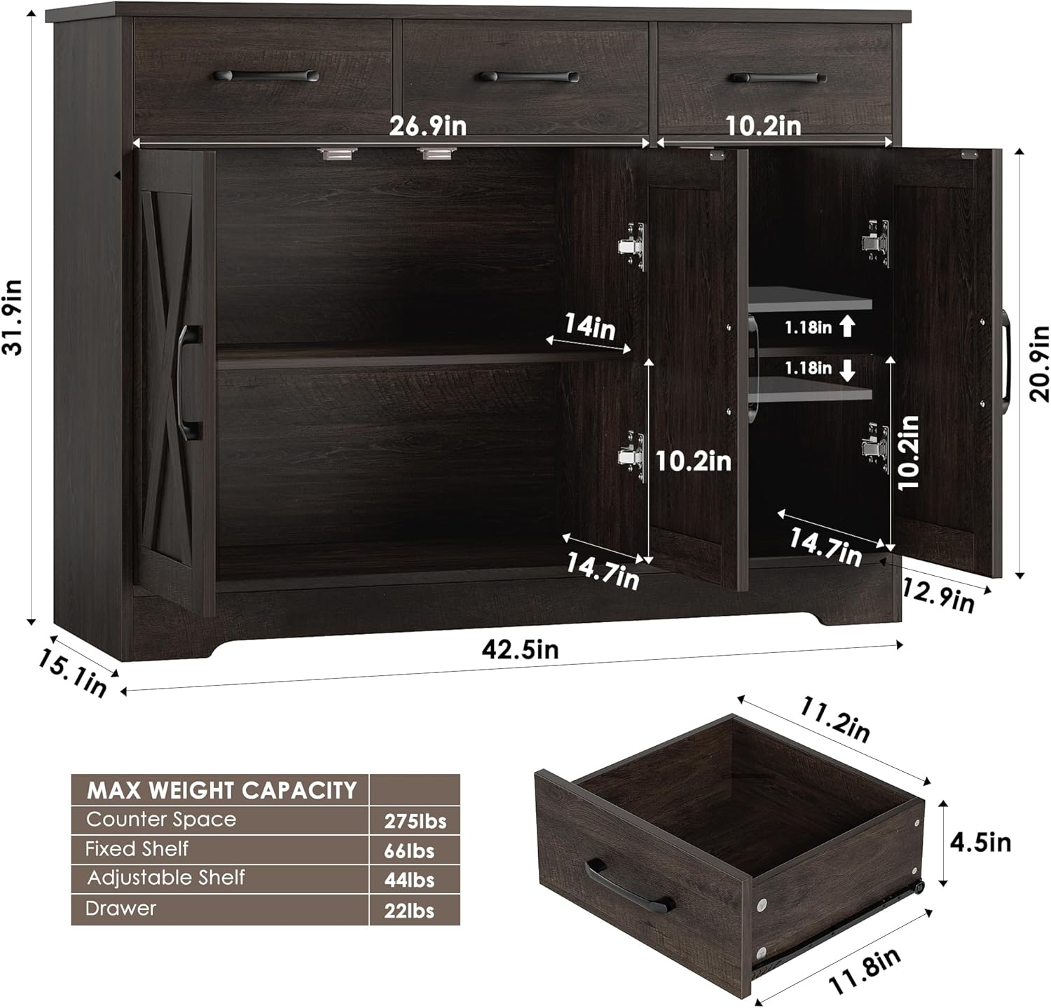 Modern farmhouse sideboard, barn door buffet storage cabinet with drawers and shelves, wooden coffee bar with storage wourant