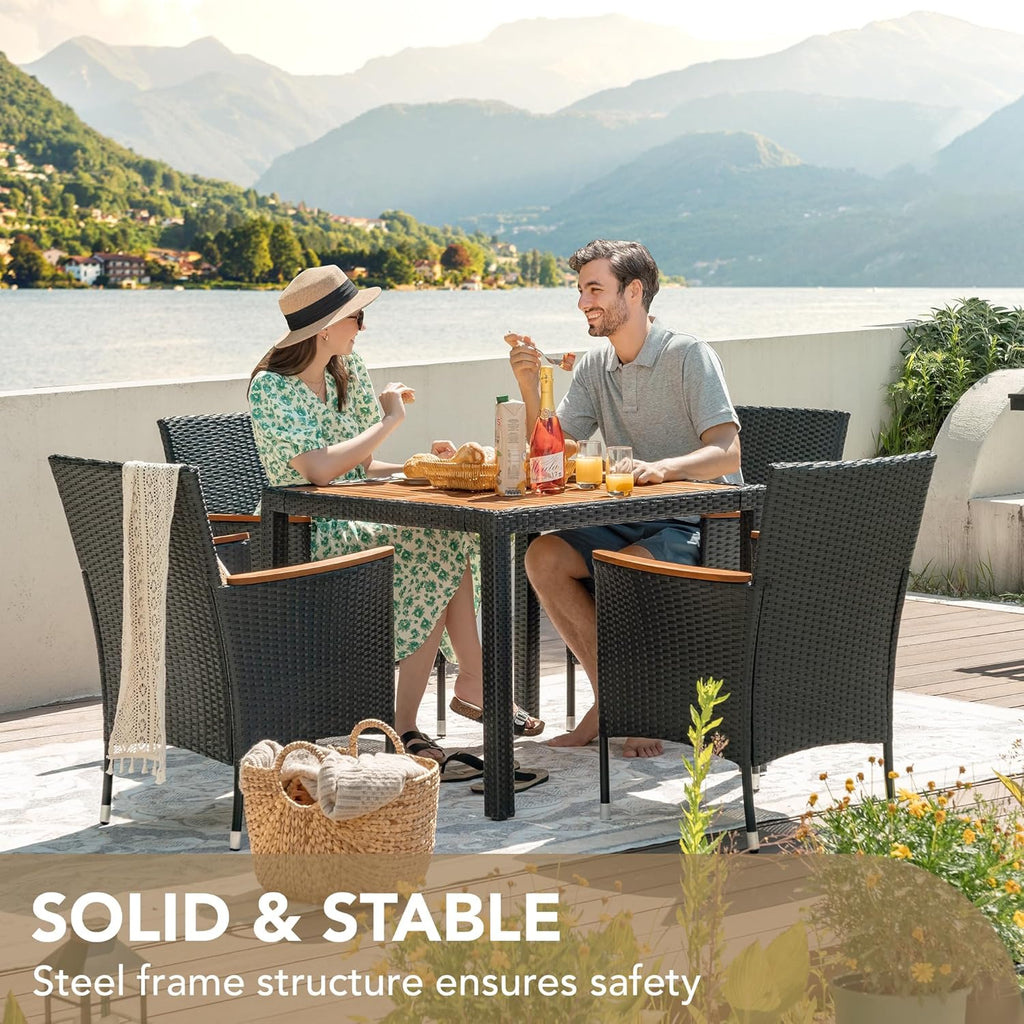 Devoko Dining 7 PCS Furniture, Patio Conversation Set with Acacia Wood Table Top, Rattan Outdoor, Black wourant