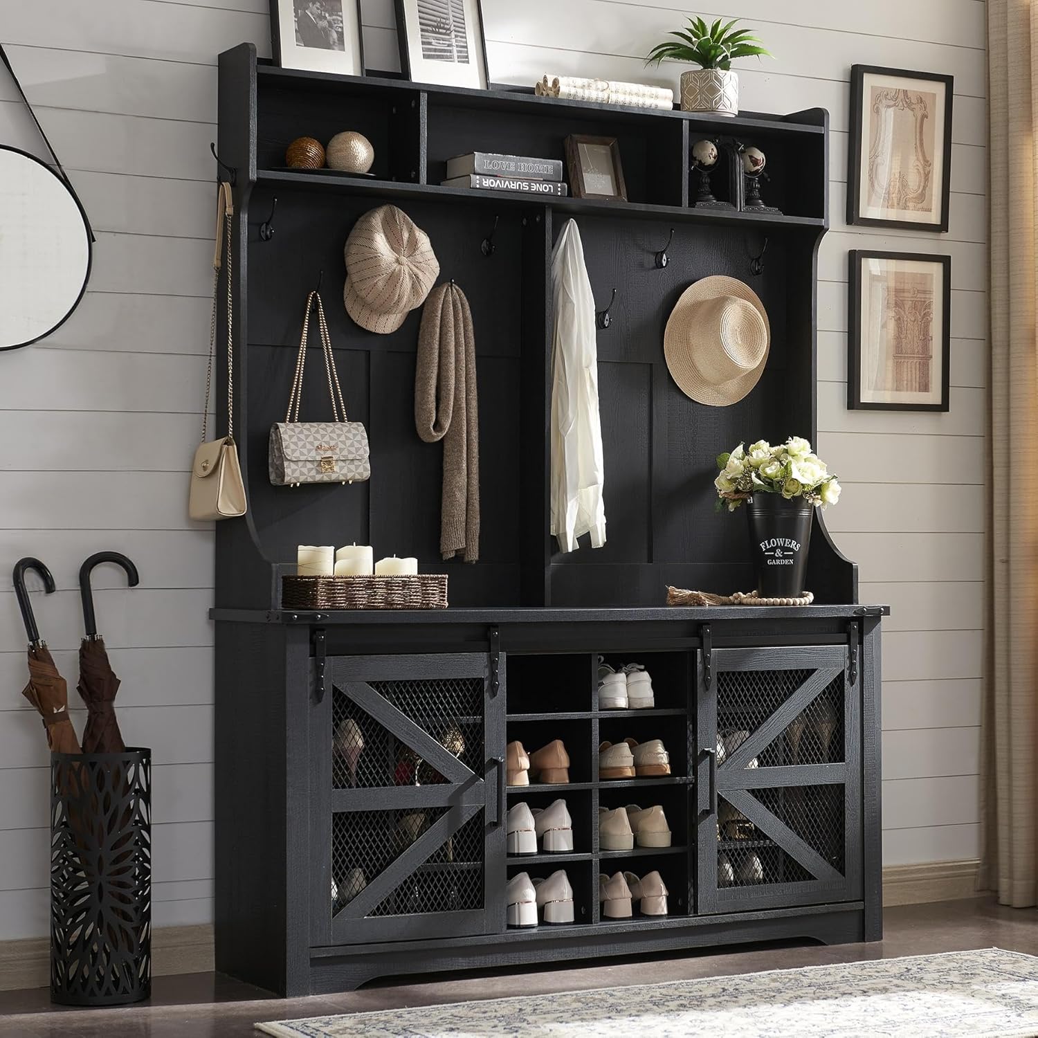 JXQTLINGMU 59-inch Farmhouse Foyer Tree with Shoe Storage, Entryway Bench Foyer Coat Rack Cabinet wourant