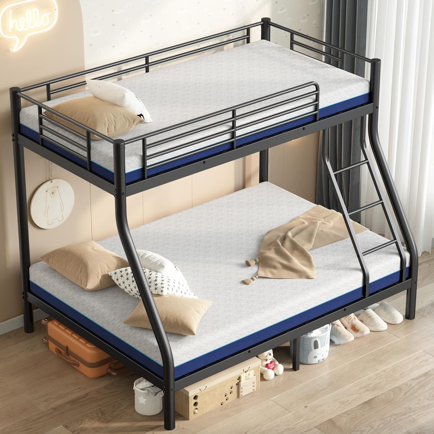 Cyranture Bunk Beds Twin Over Full Size Heavy Duty Bunk Beds Guardrail Metal Bunk Bed Frame wourant