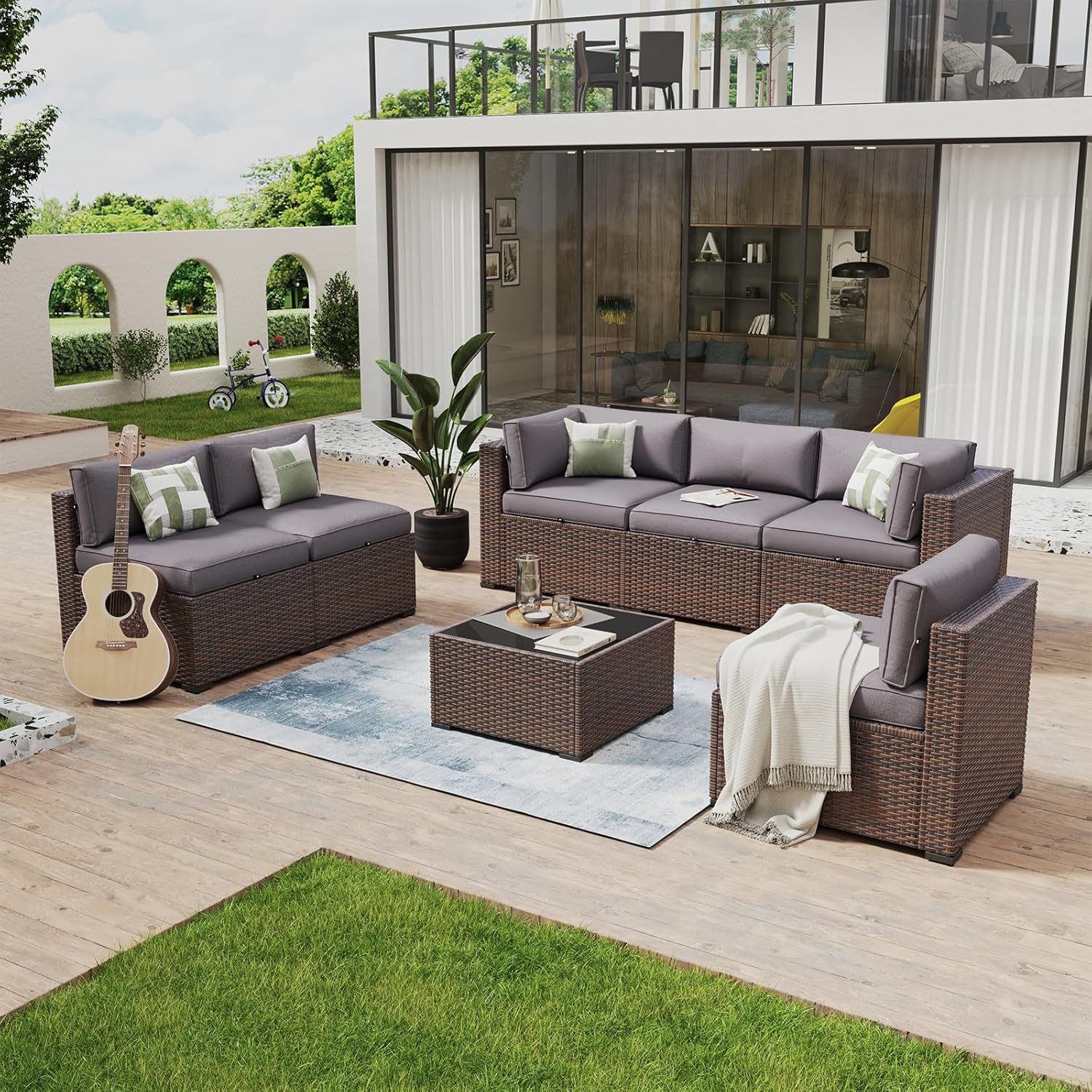 Aoxun 8 Piece Patio Furniture Set with 44?Fire Pit Table Wicker Rattan Outdoor Sectional Sofa Set with Coffee Table and Thickened Cushions, Beige (Waterproof Cover Included) woonhhop