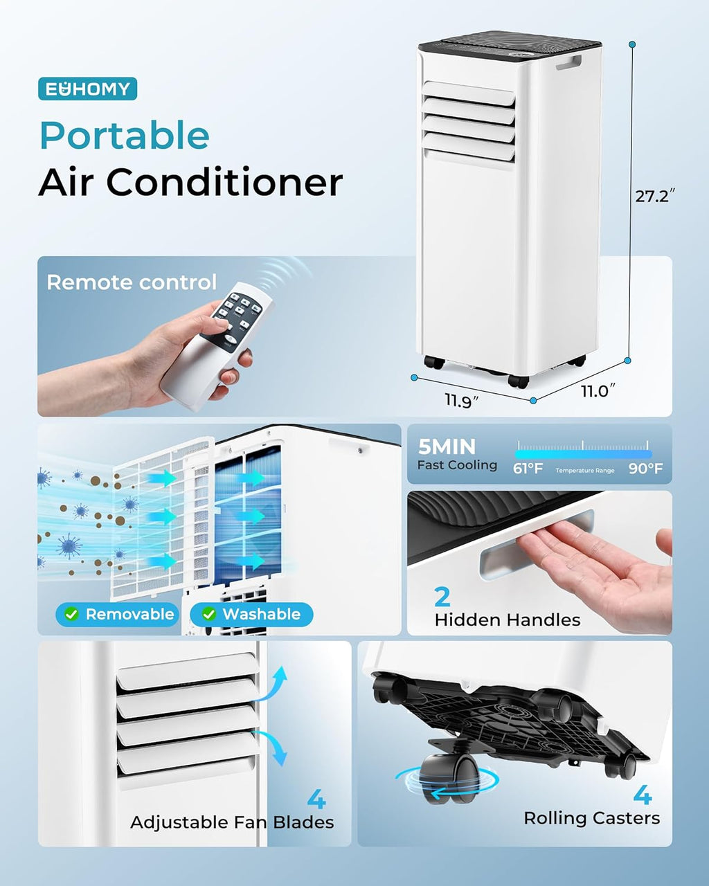 EUHOMY 8,000 BTU Portable Air Conditioners, 4-in-1 Portable AC Unit Up to 350 Sq.Ft, 4 Modes Quiet Air Conditioner with Remote Control, Cool, Fan, Dehumidifier, 24H Timer, Bedroom, Office, Apartments wourant