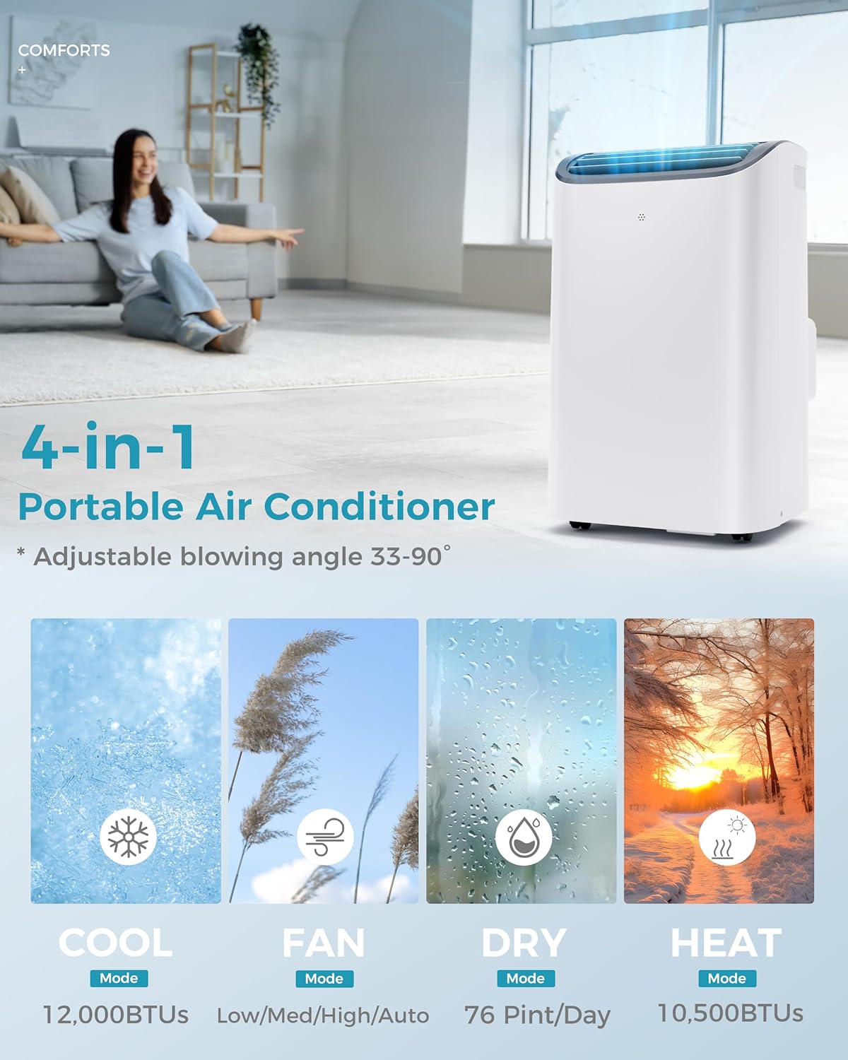EUHOMY 8,000 BTU Portable Air Conditioners, 4-in-1 Portable AC Unit Up to 350 Sq.Ft, 4 Modes Quiet Air Conditioner with Remote Control, Cool, Fan, Dehumidifier, 24H Timer, Bedroom, Office, Apartments wourant