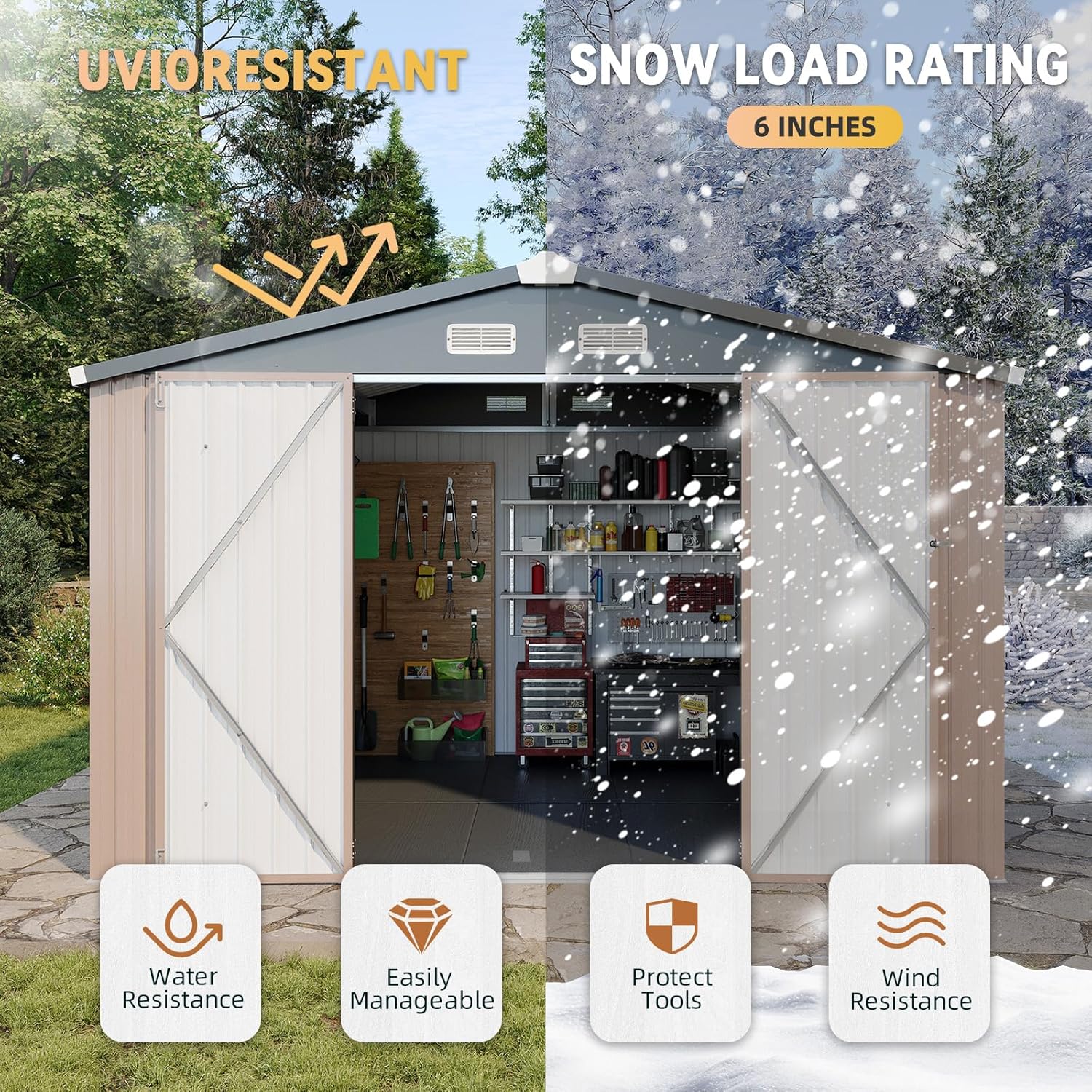 Aoxun 7.4x5.3FT Shed with Floor Galvanized Steel Outdoor Storage Shed Metal Garden Shed wourant