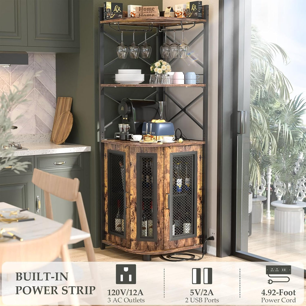 Aheaplus Corner Bar Cabinet with Power Outlet, Industrial Wine Cabinet with LED Strip and Glass Holder, 5-Tiers Liquor Cabinet Bar Unit for Home, Corner Display Cabinet for Small Space, White Oak wourant