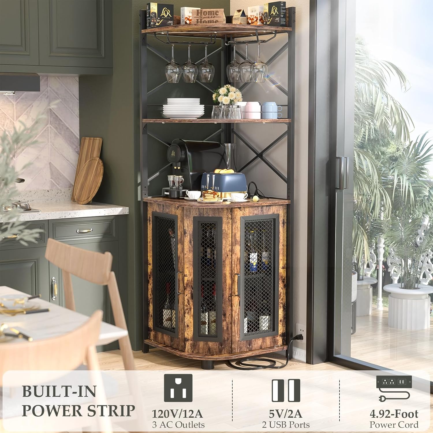Aheaplus Corner Bar Cabinet with Power Outlet, Industrial Wine Cabinet with LED Strip and Glass Holder, 5-Tiers Liquor Cabinet Bar Unit for Home, Corner Display Cabinet for Small Space, White Oak wourant