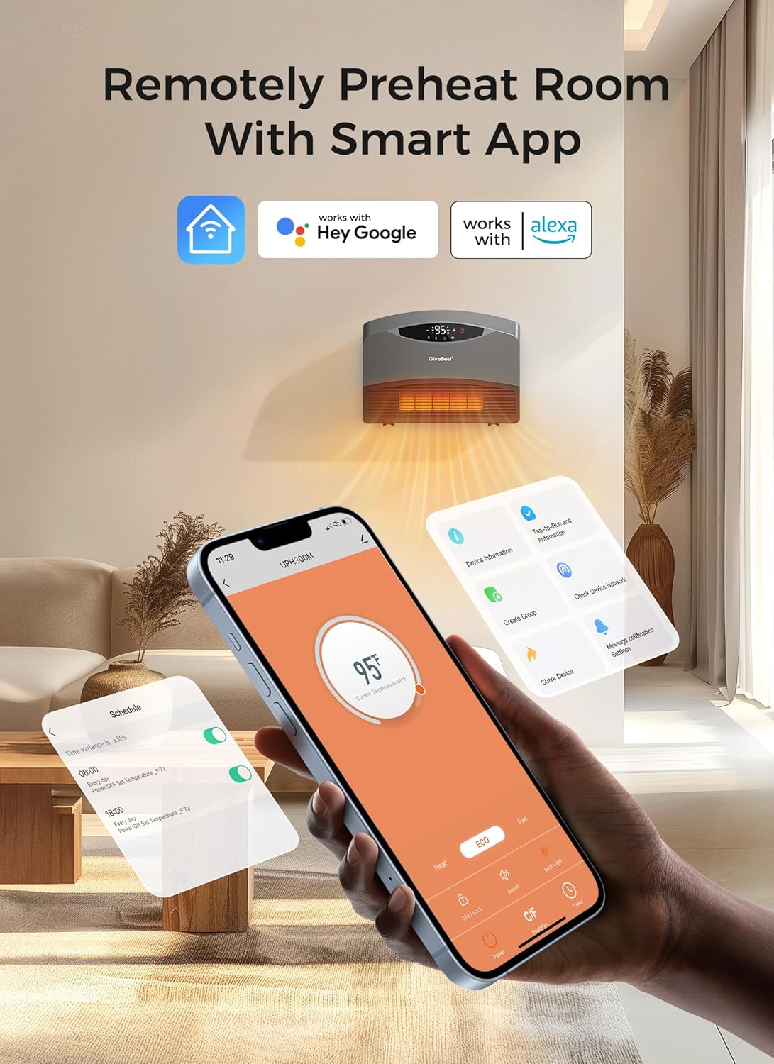 GiveBest Electric Wall Heater with WiFi and Remote Control, Floor or Wall Mounted Heater, Large Room Coverage, 3 Heating Modes, 1500W Fast Heating Space with Thermostat for Indoor Room Use wourant