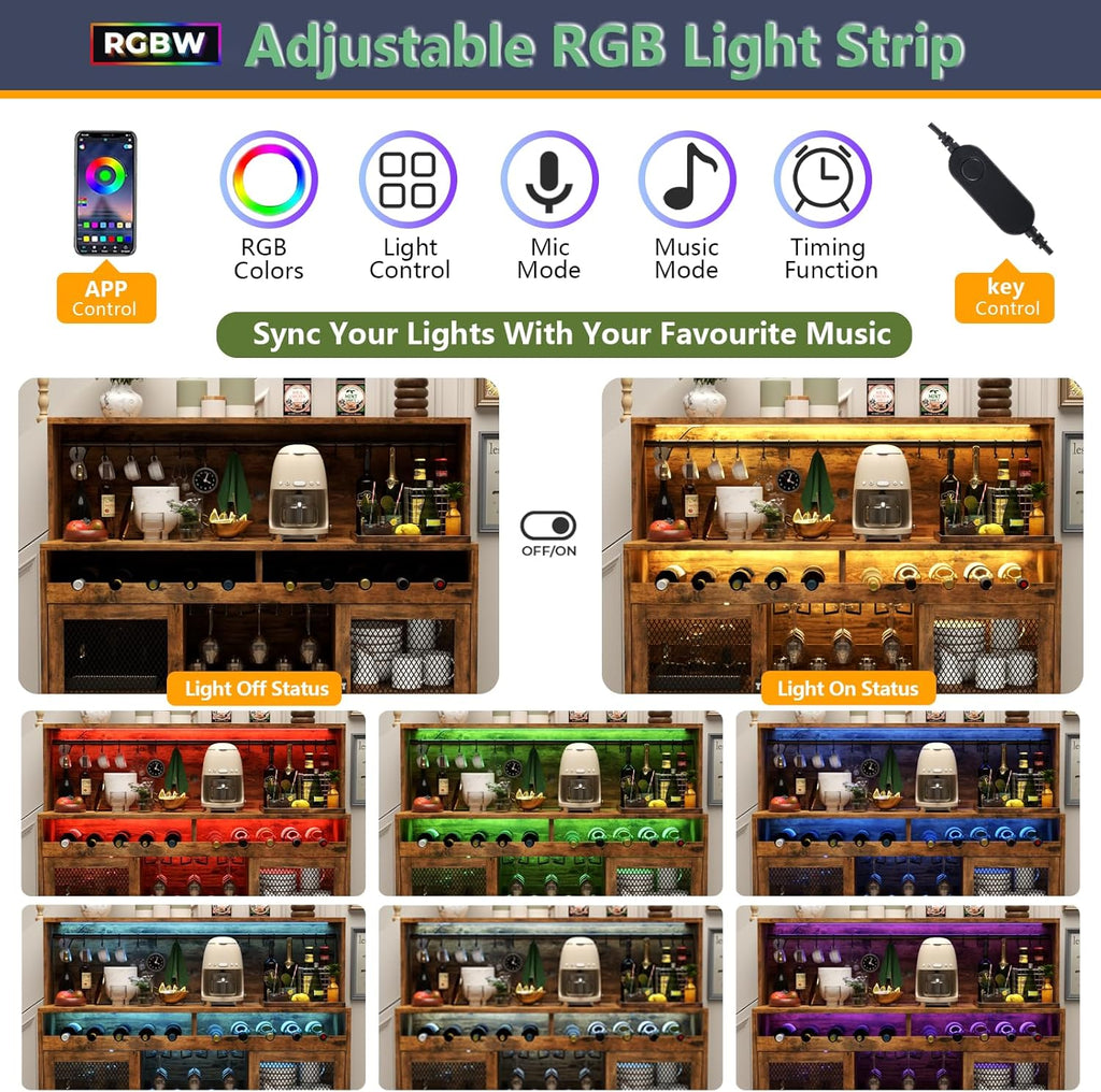 Wine Bar Cabinet with LED Light, Liquor Cabinet with Glass Holder, Coffee Bar for Liquor, Storage Buffet with Wine Racks, Wine Cabinet wourant