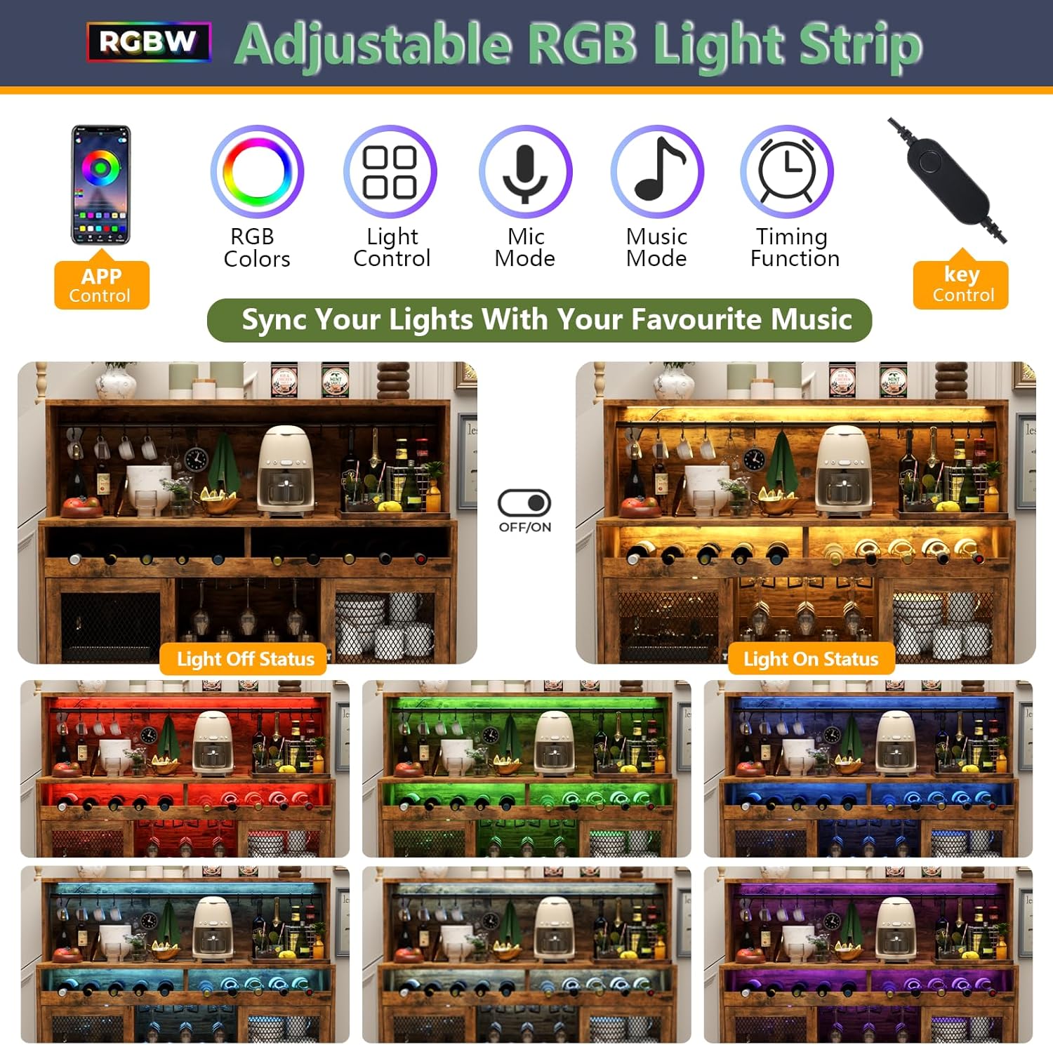Wine Bar Cabinet with LED Light, Liquor Cabinet with Glass Holder, Coffee Bar for Liquor, Storage Buffet with Wine Racks, Wine Cabinet wourant