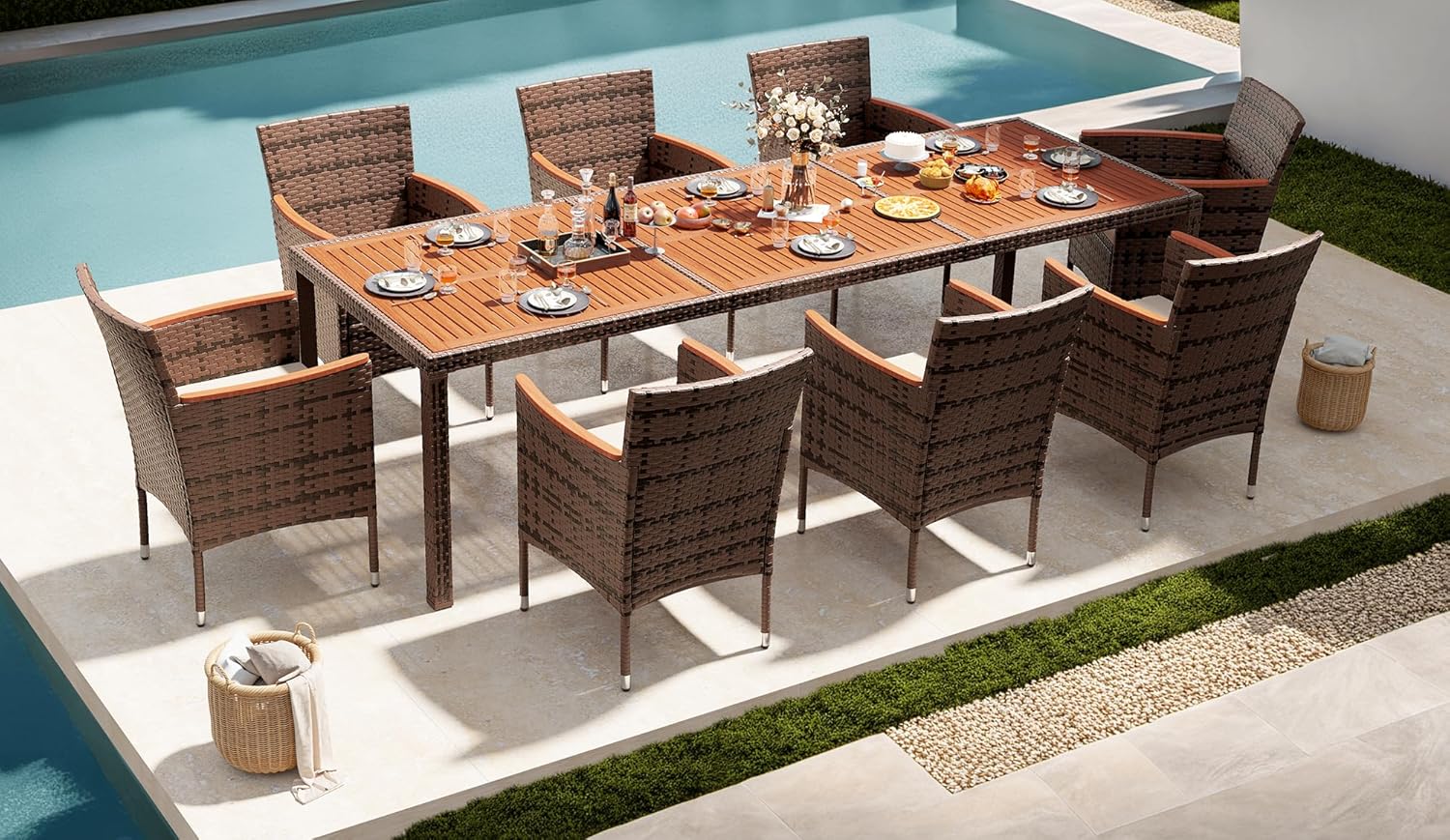 Devoko Dining 7 PCS Furniture, Patio Conversation Set with Acacia Wood Table Top, Rattan Outdoor, Black wourant