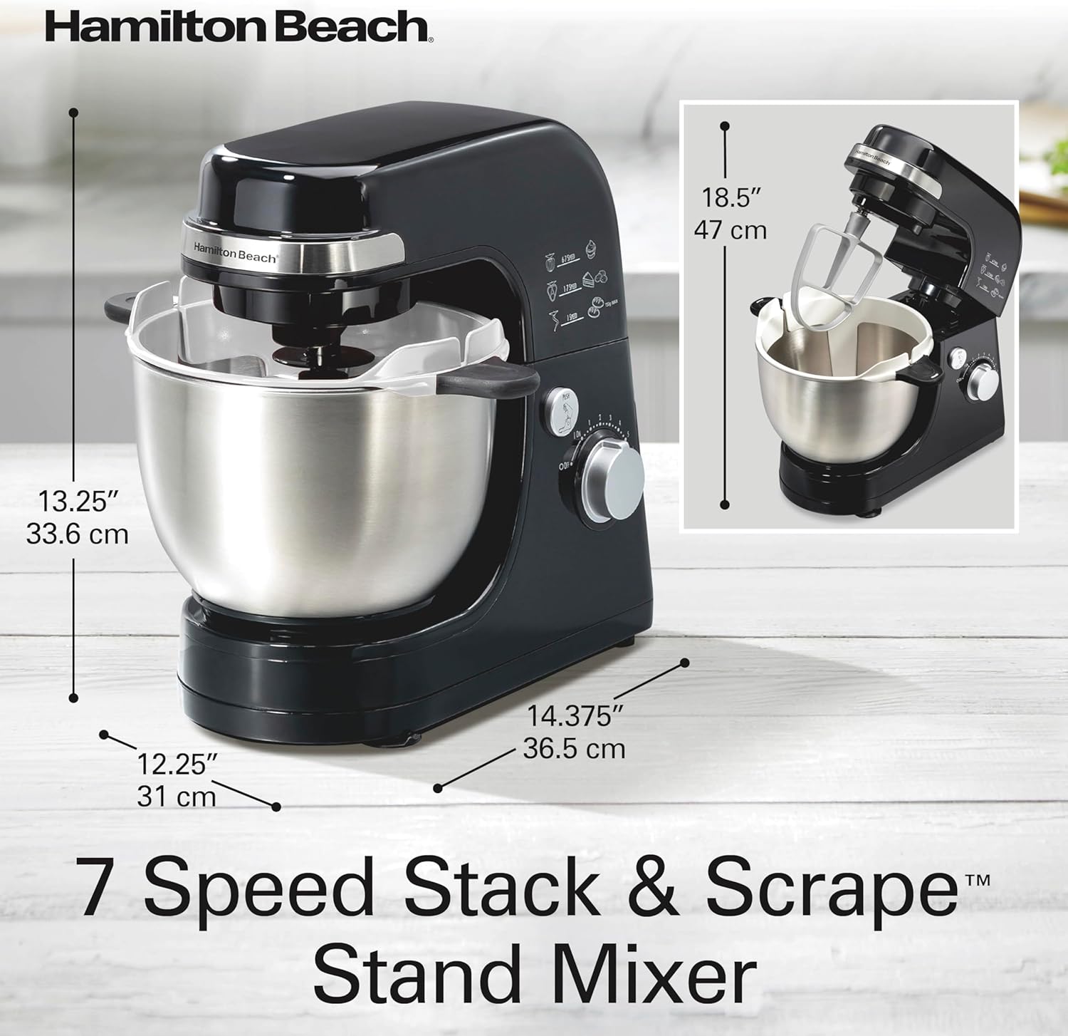 Hamilton Beach Electric Stand Mixer, 4 Quarts, Dough Hook, Flat Beater Attachments, Splash Guard 7 Speeds with Whisk, Black wourant